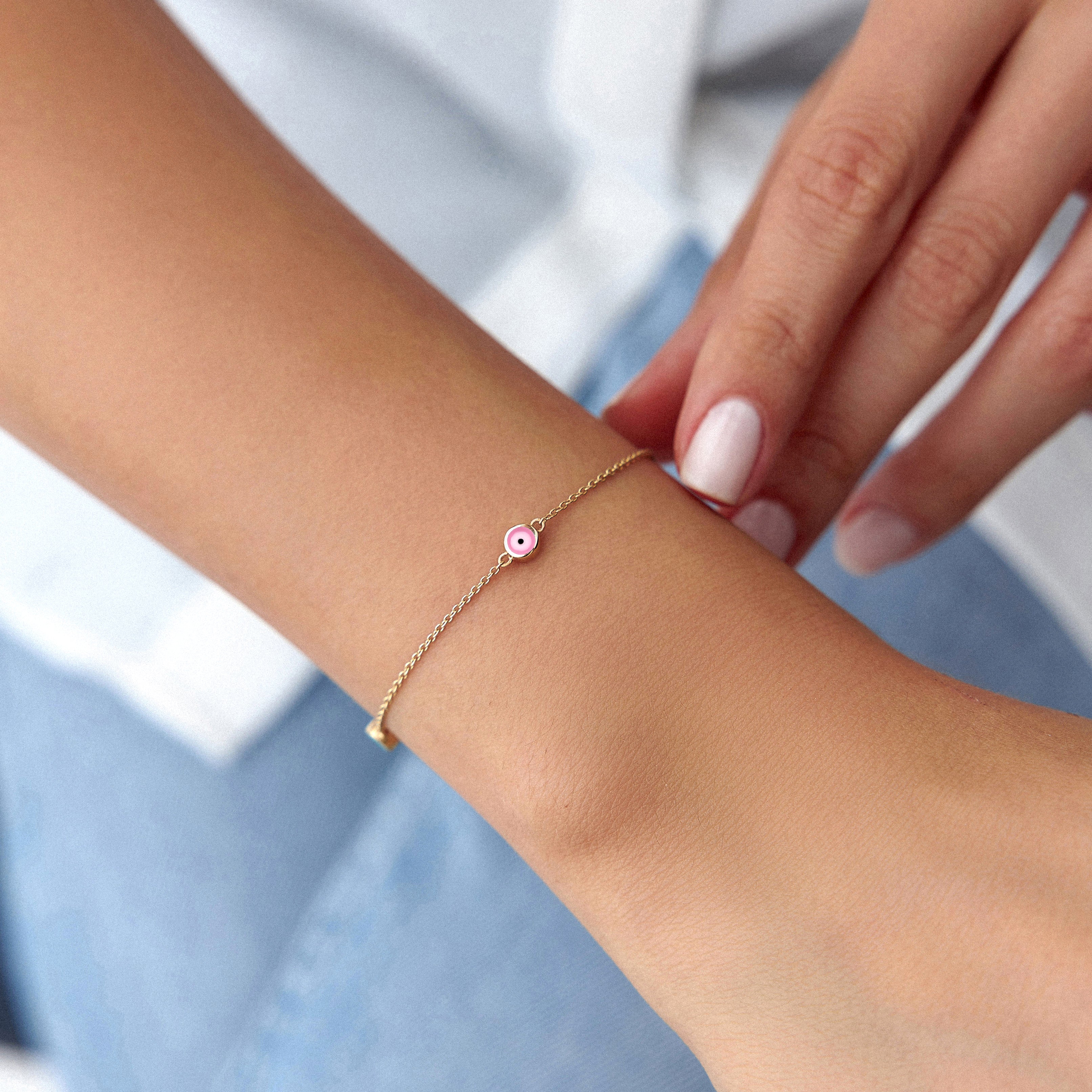 3 Pink Evil Eye Bracelet In 14K Gold