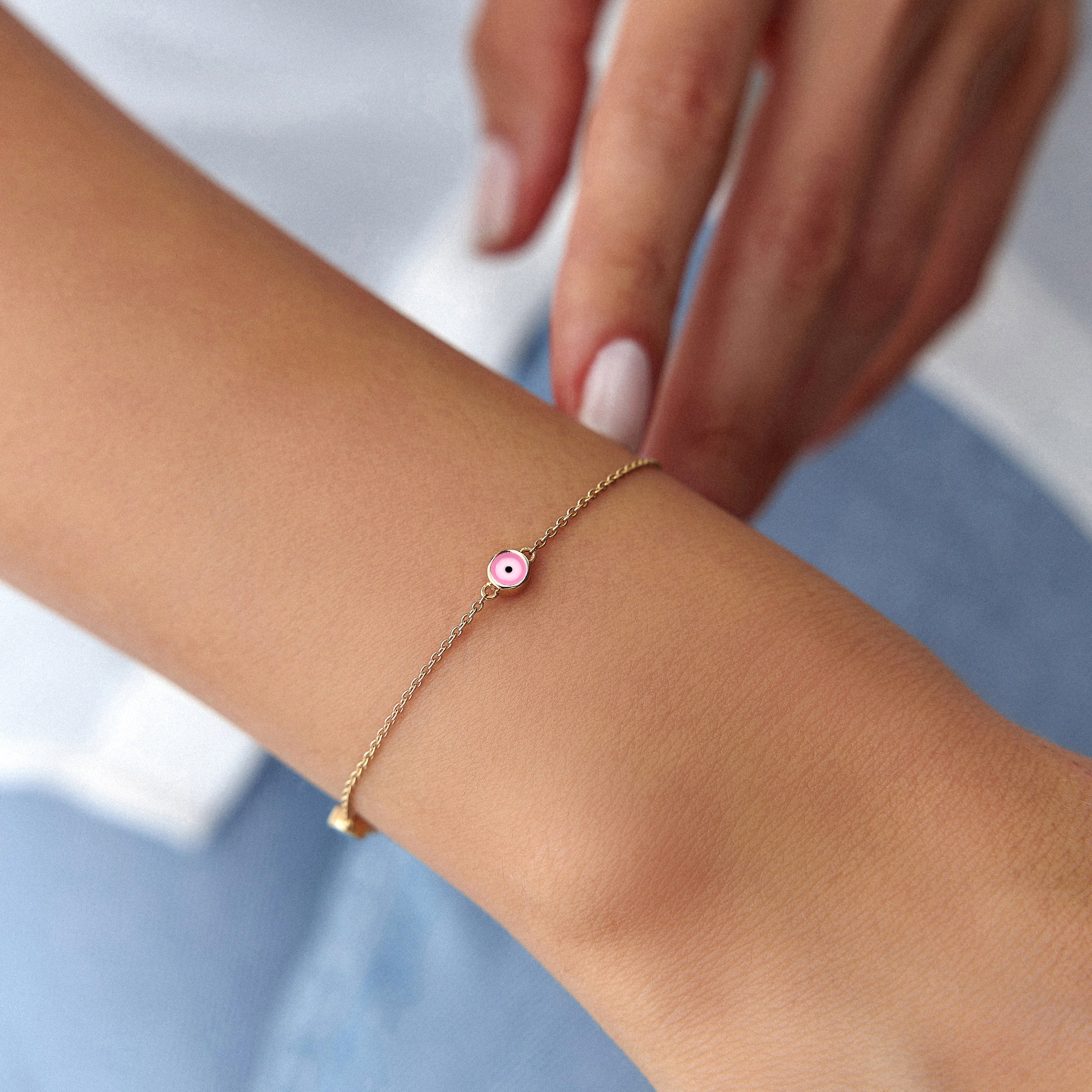 3 Pink Evil Eye Bracelet In 14K Gold