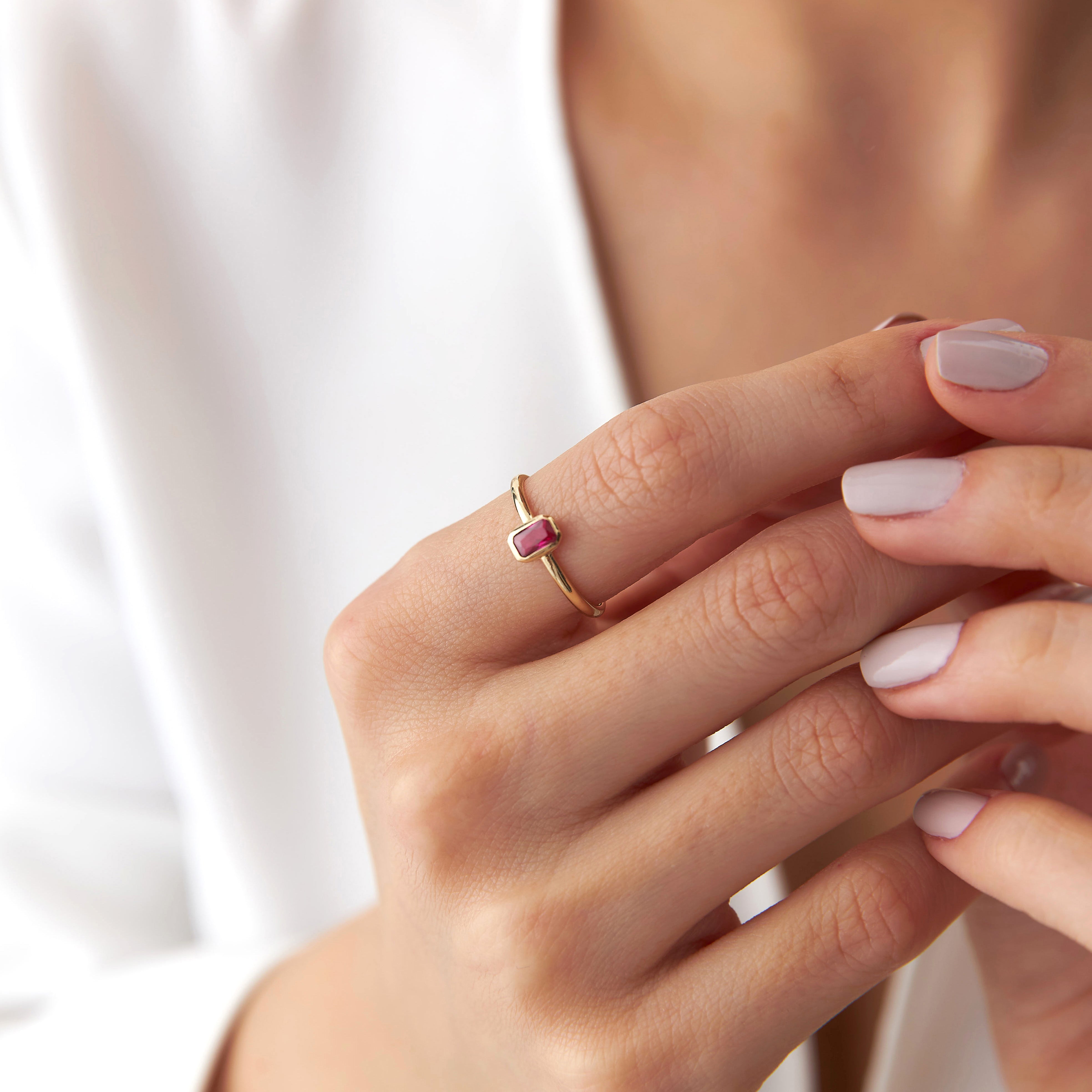 Emerald Cut Red Gemstone Ring in 14K Gold