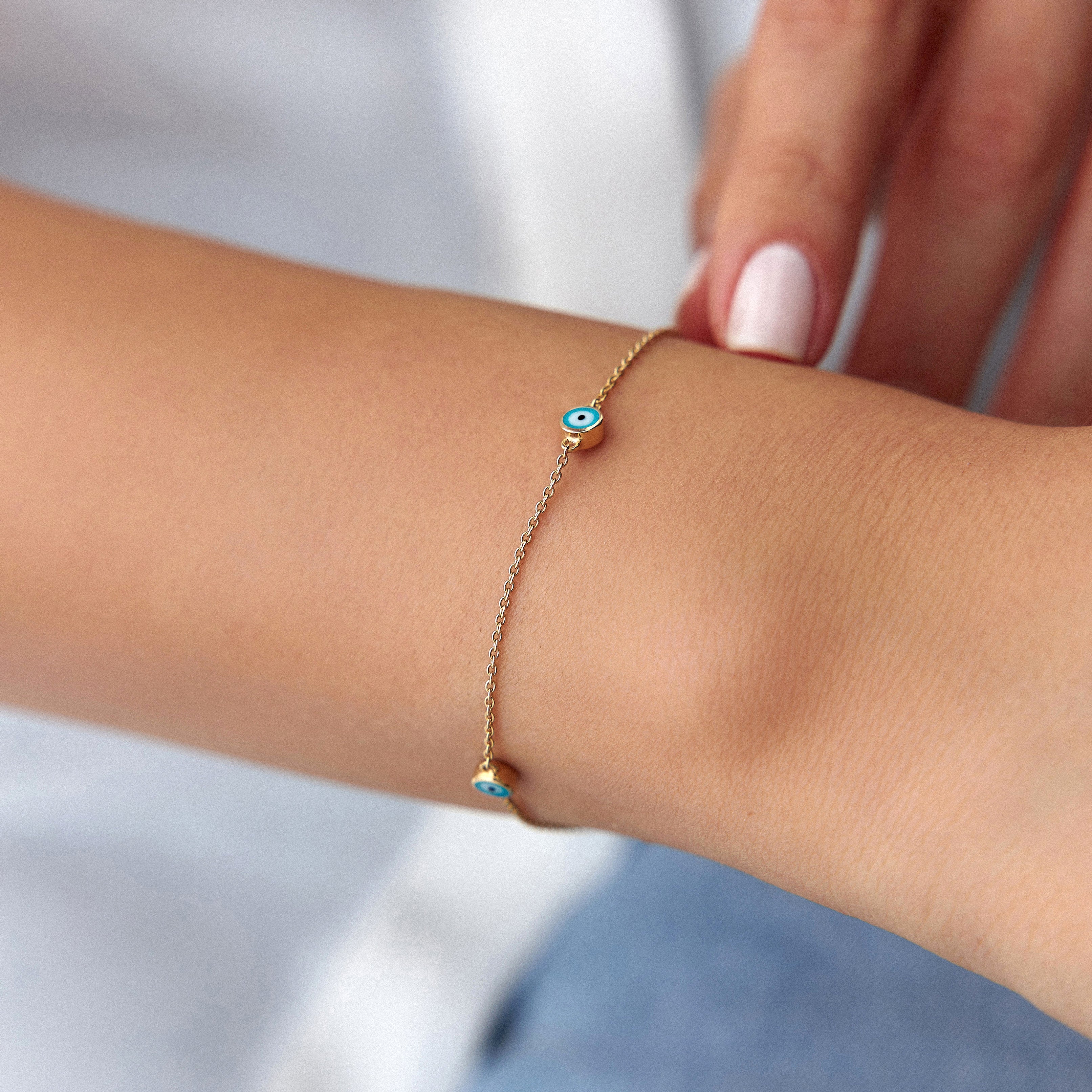 3 Ocean Blue Evil Eye Bracelet in 14K Gold