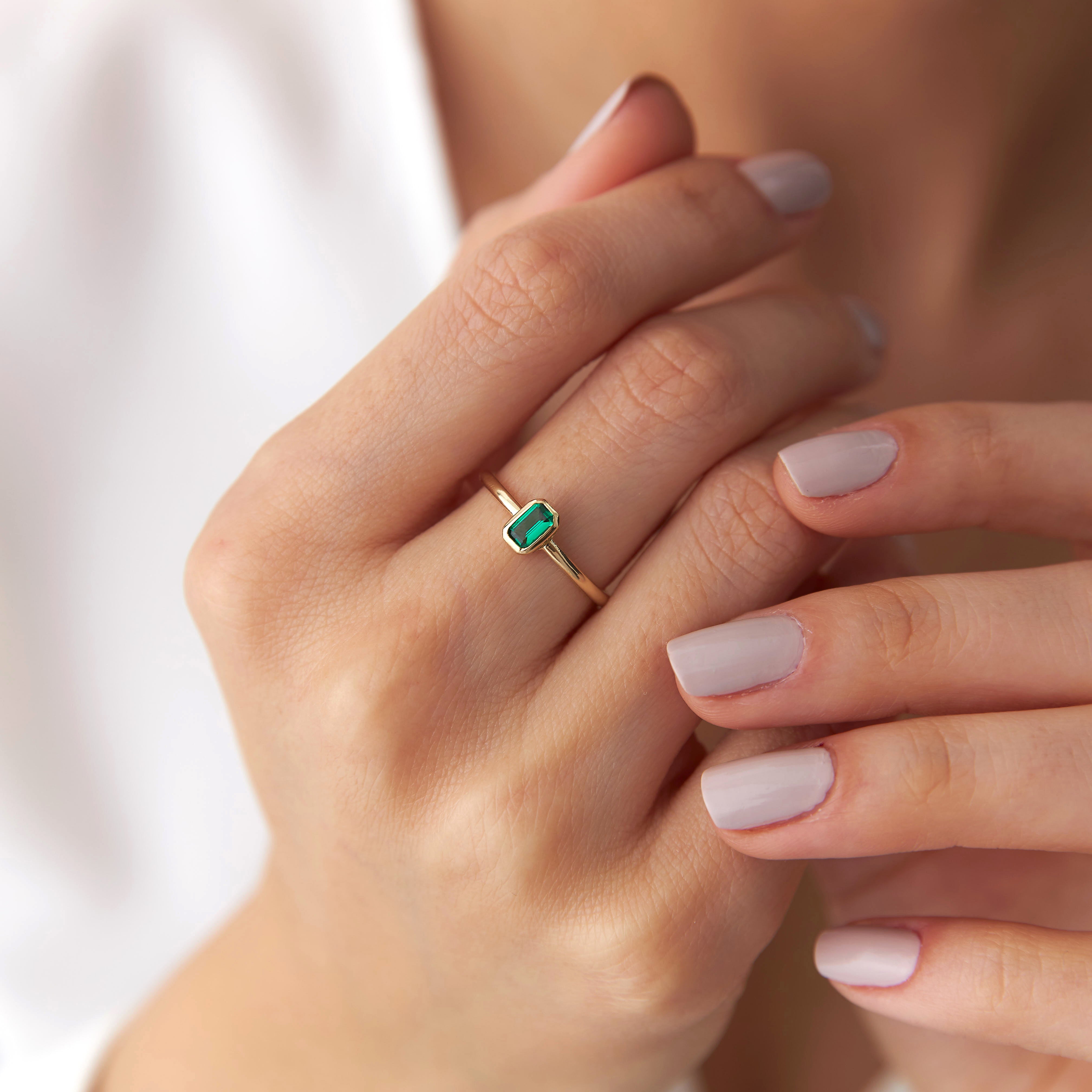 Emerald Cut Green Gemstone Ring in 14K Gold