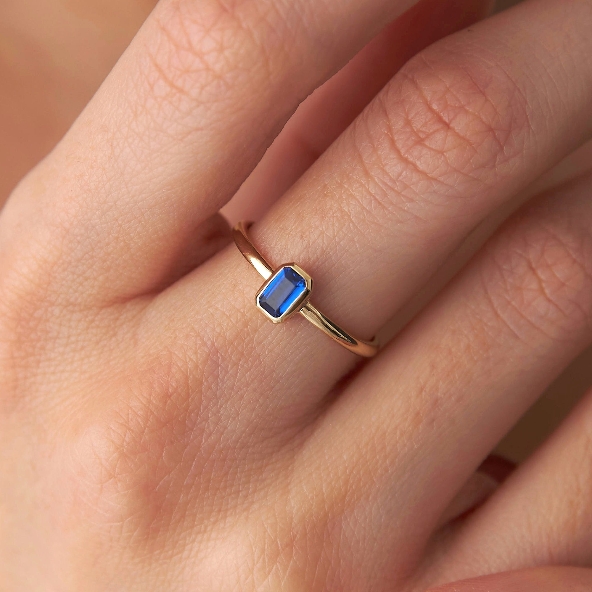 Emerald Cut Blue Gemstone Ring in 14K Gold