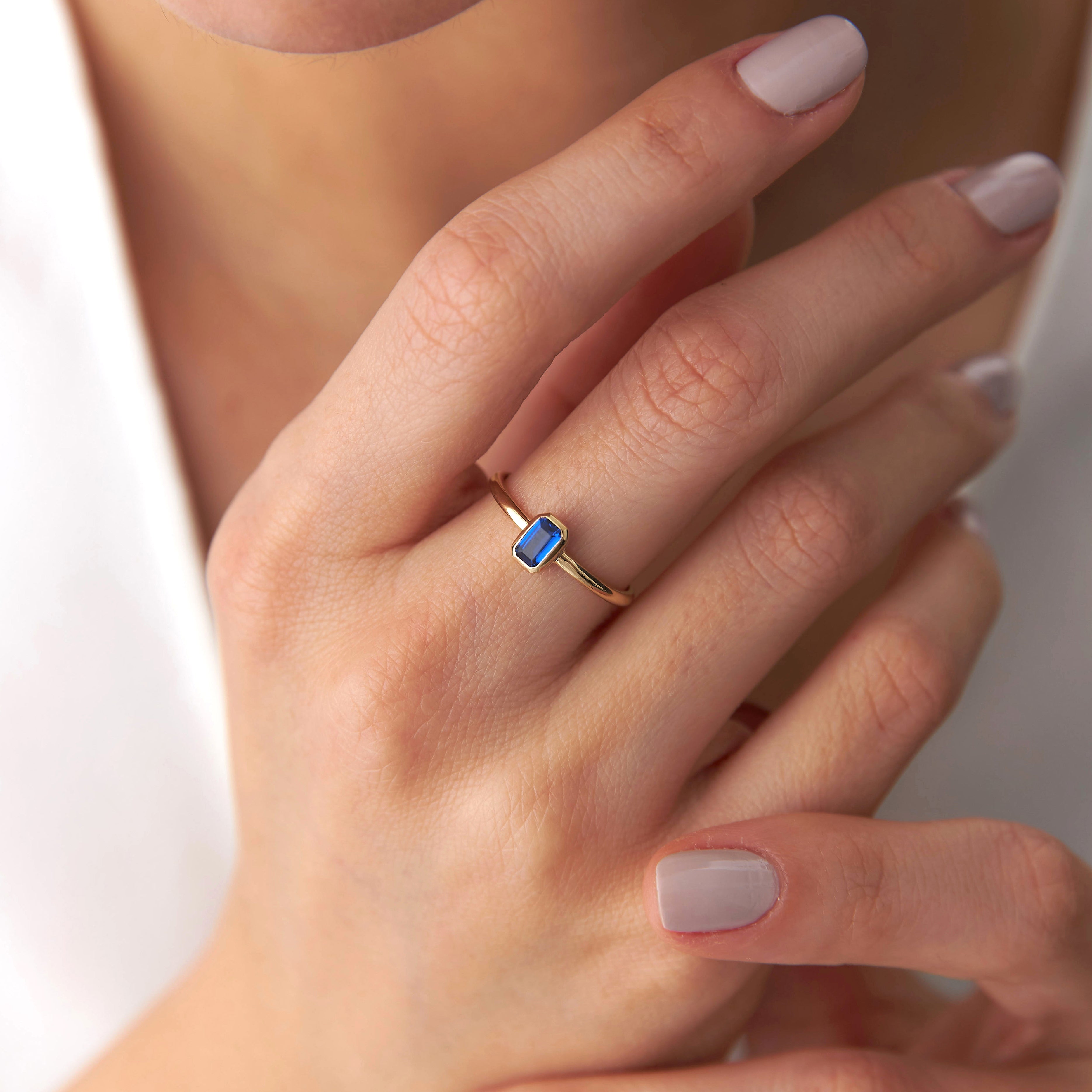 Emerald Cut Blue Gemstone Ring in 14K Gold