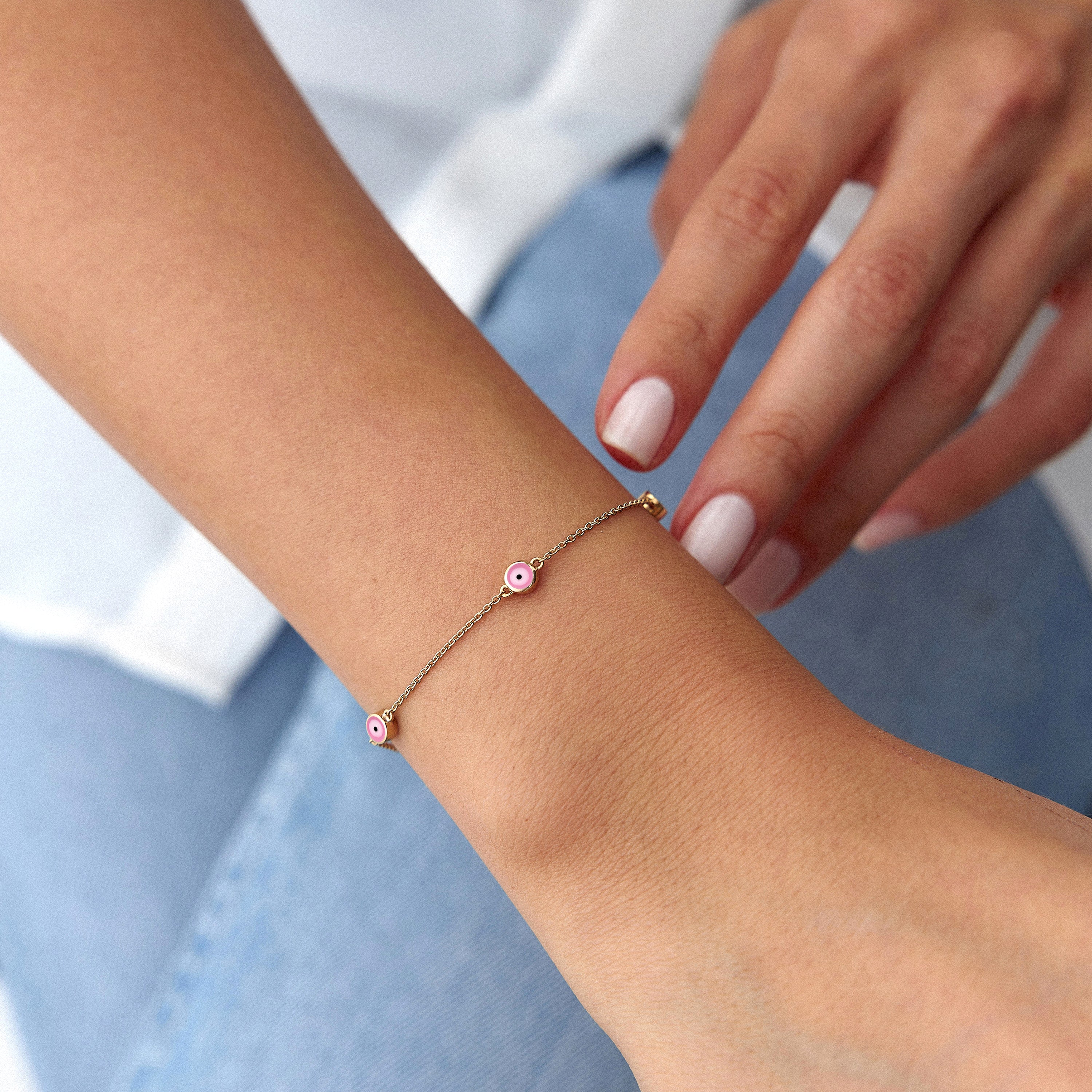 5 Pink Evil Eye Bracelet in 14K Gold