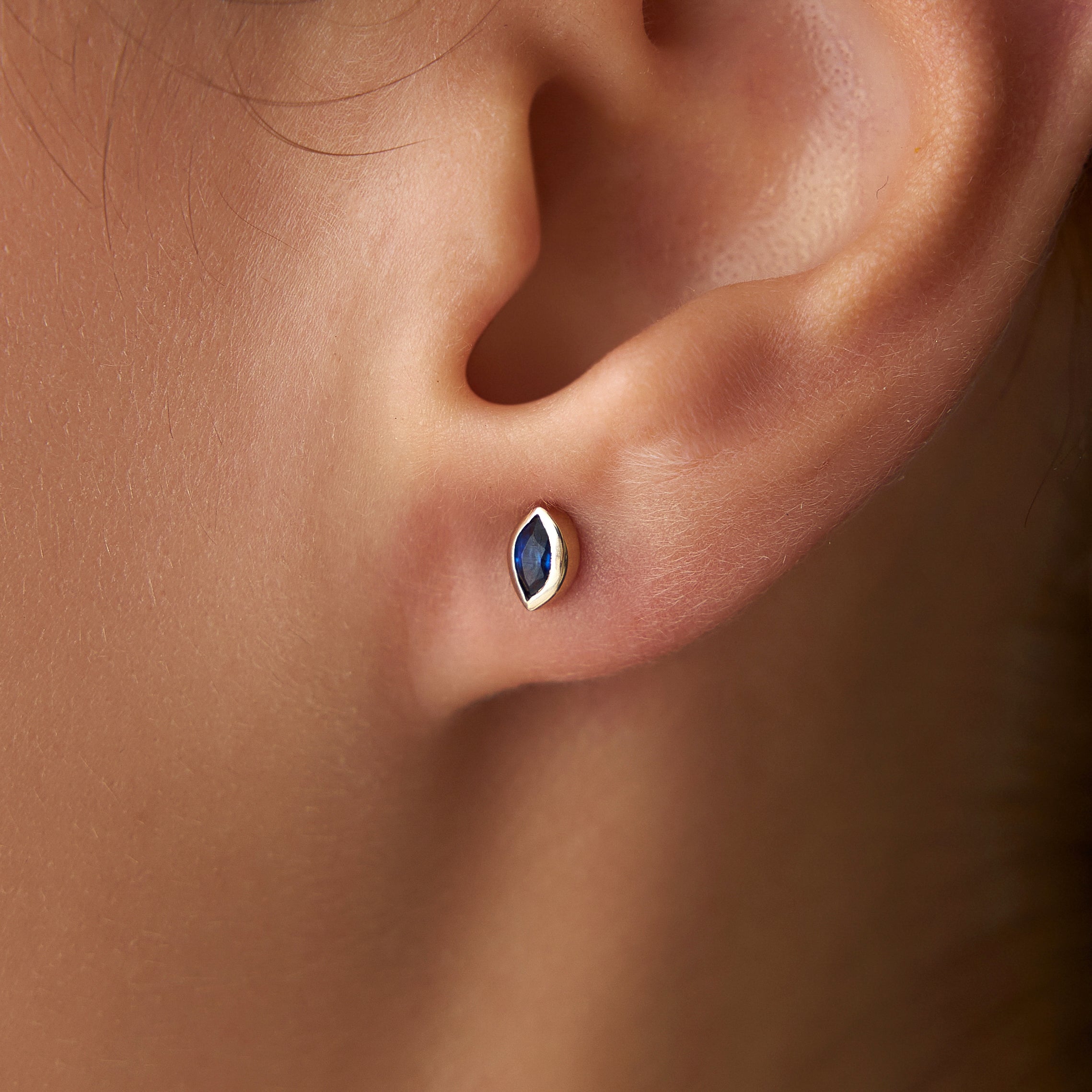 Marquise Blue Sapphire Stud Earrings Available in 14K and 18K Gold