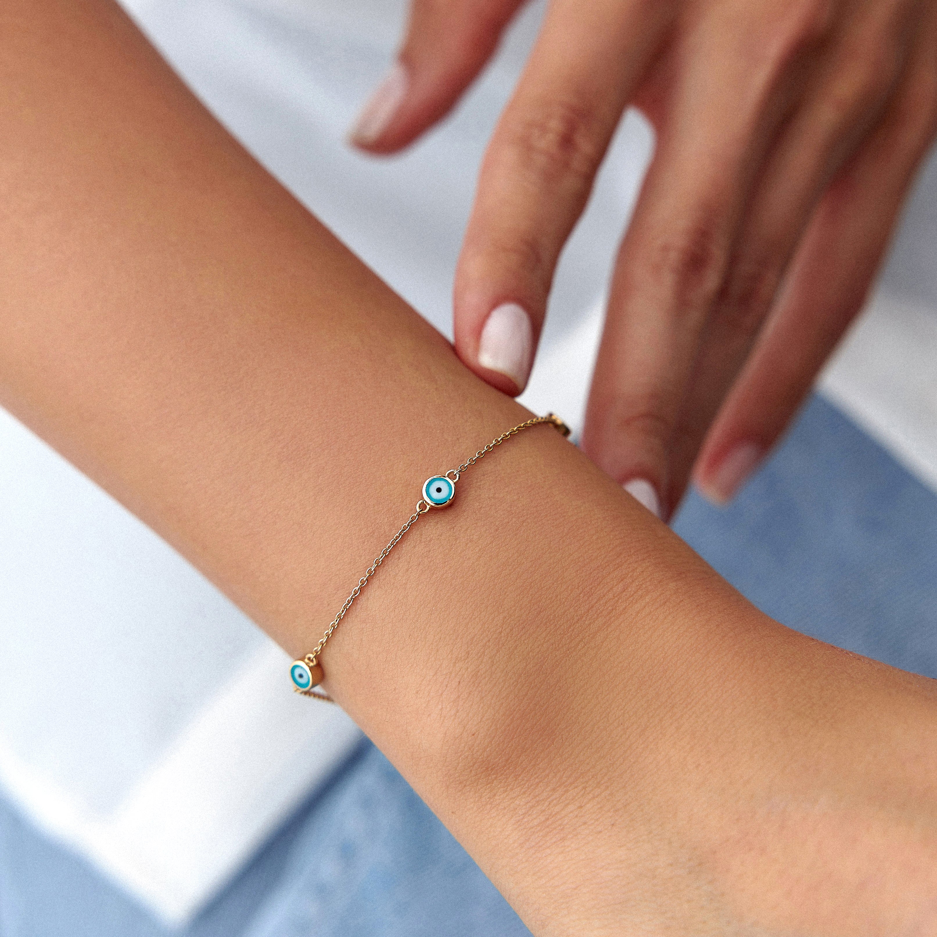 5 Ocean Blue Evil Eye Bracelet in 14K Gold