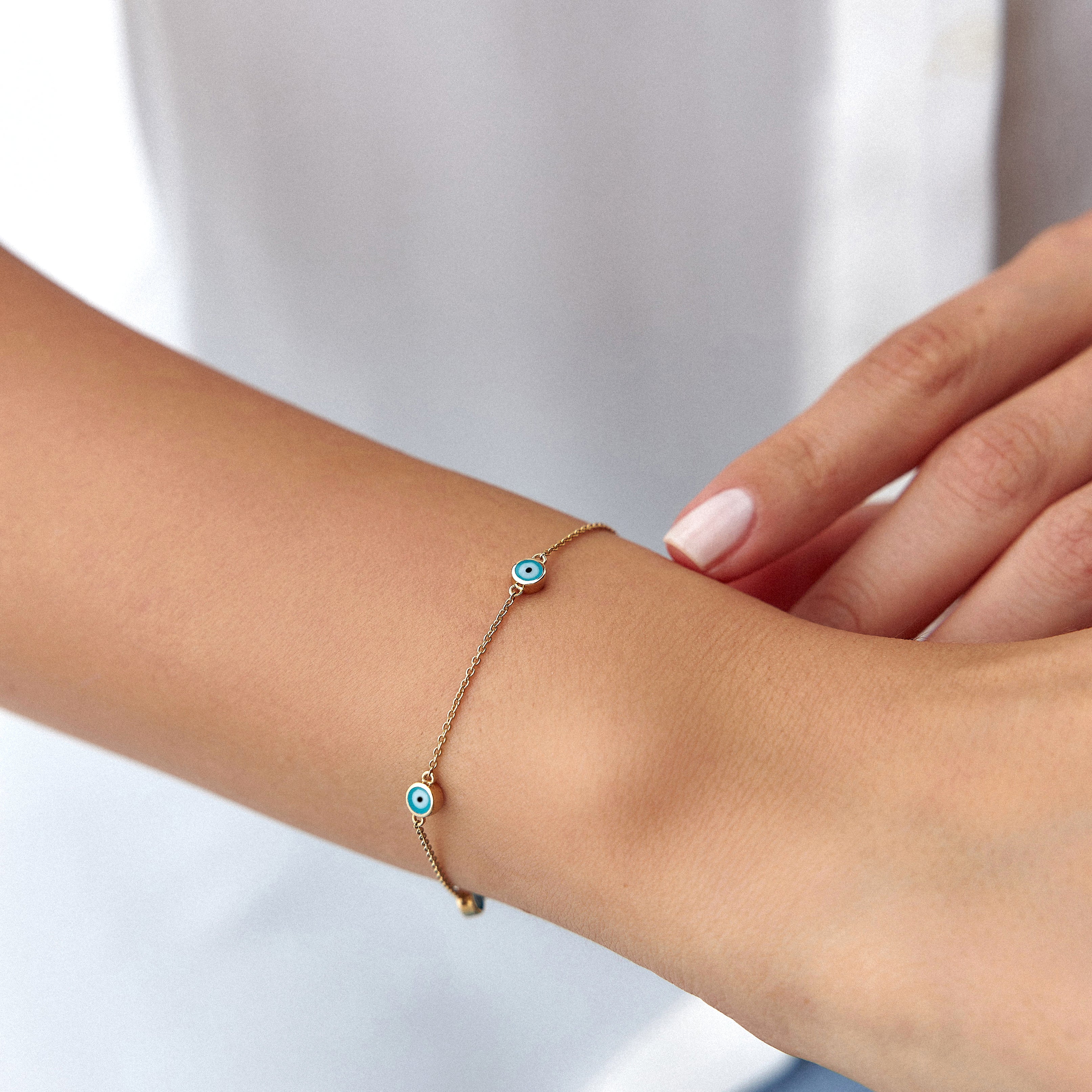 5 Ocean Blue Evil Eye Bracelet in 14K Gold