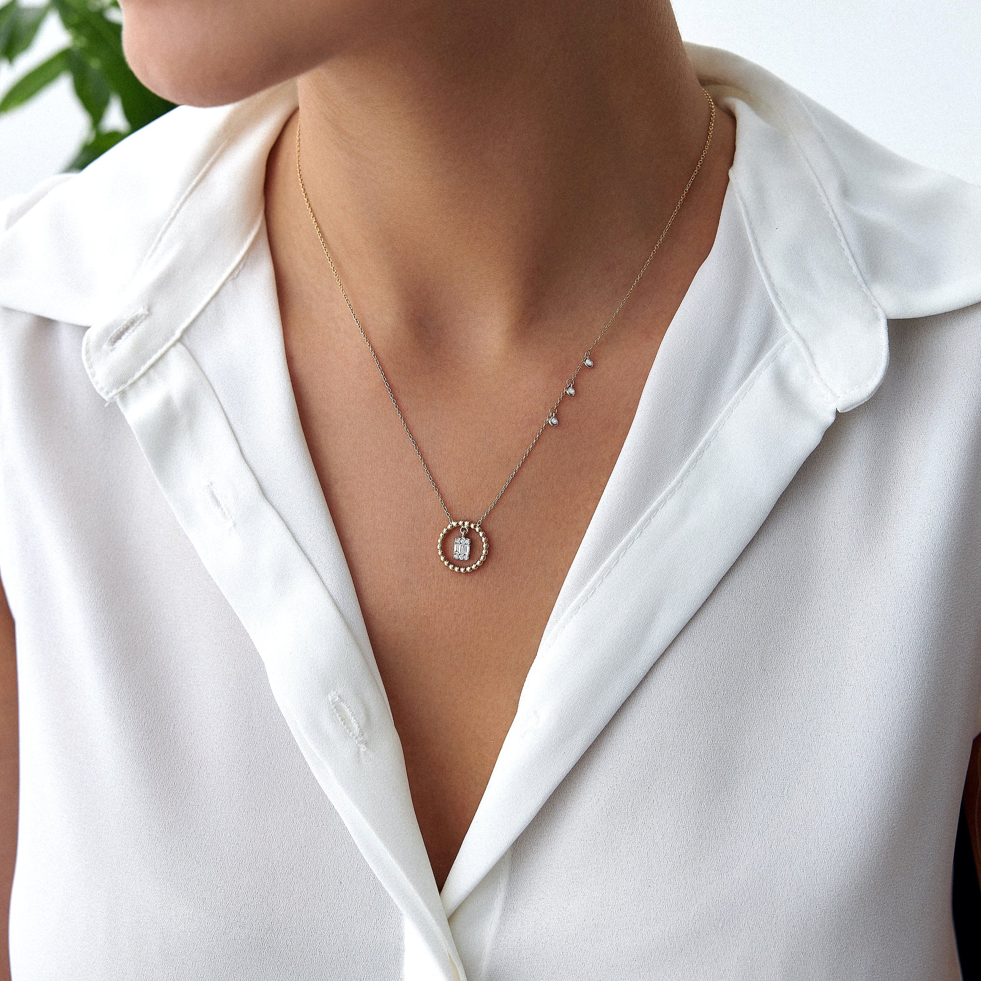 Diamond Circle Necklace With Dangling Bezel Charms in 14K Gold