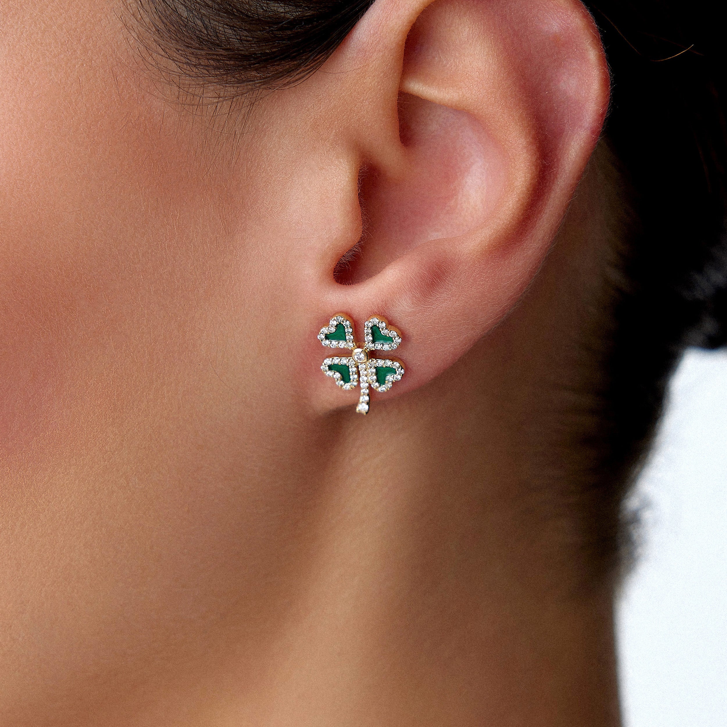 Diamond Green Clover Stud Earrings / FORTUNA