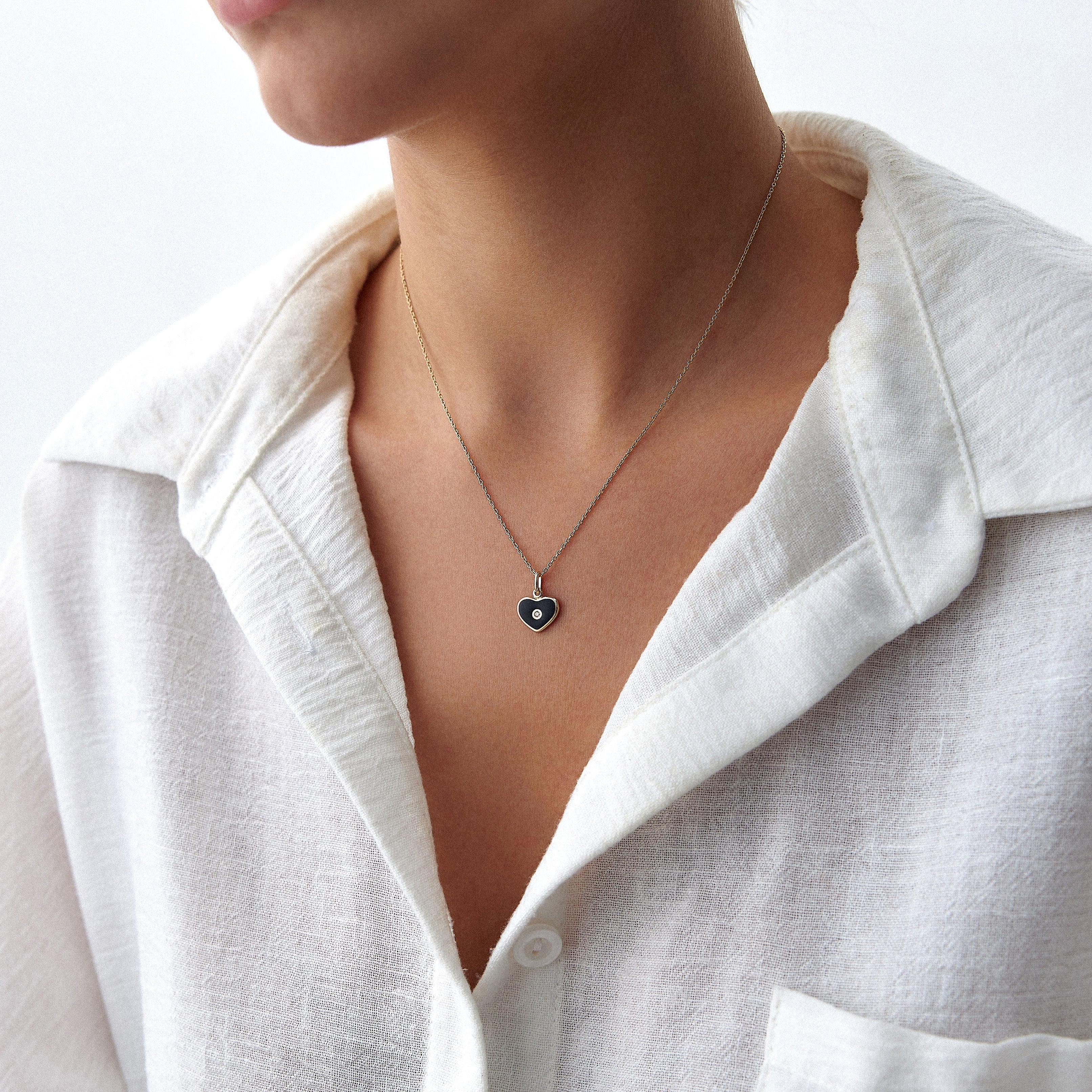 Tiny Diamond Black Enamel Heart Pendant Necklace