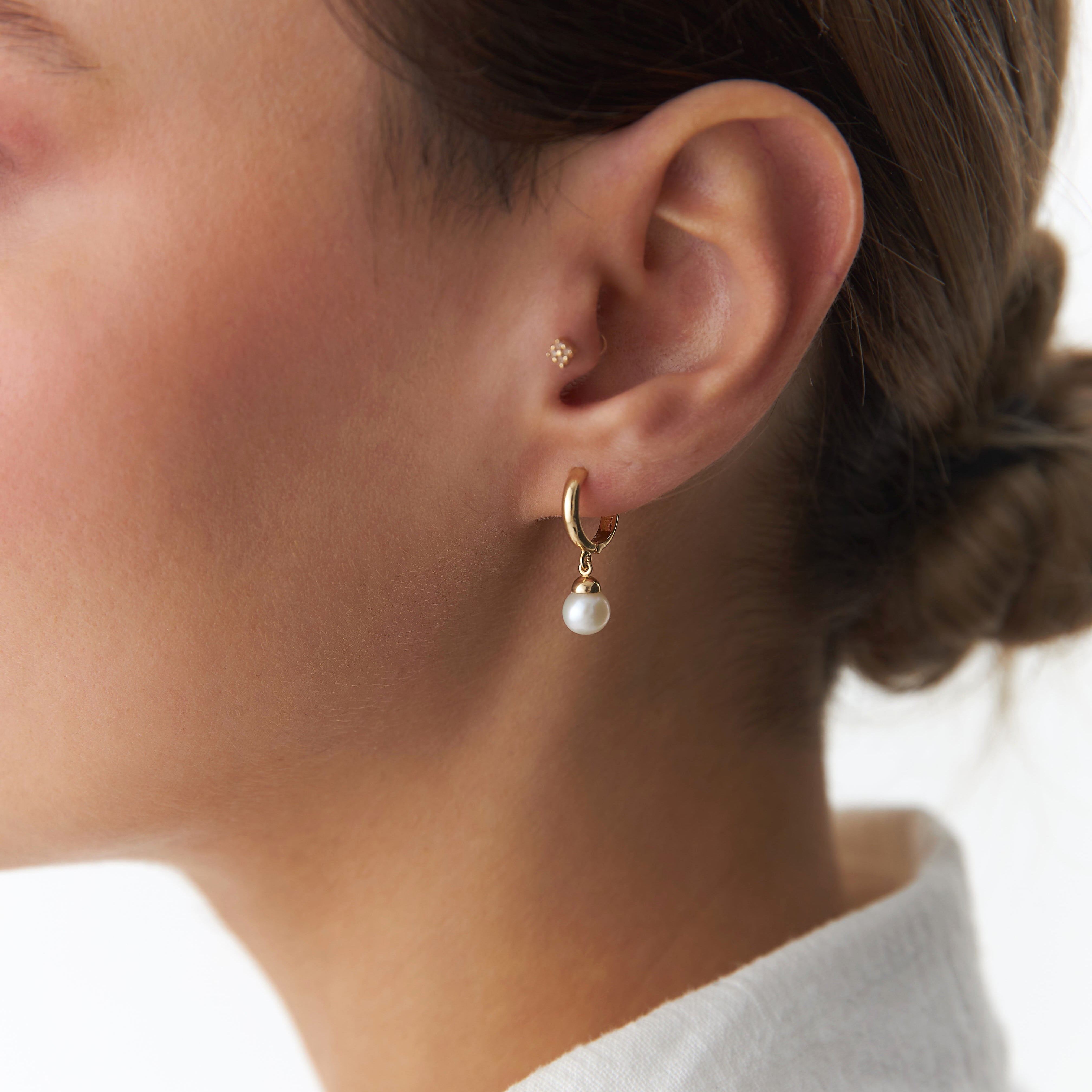 Pearl Dangle Hoops in 14K Gold