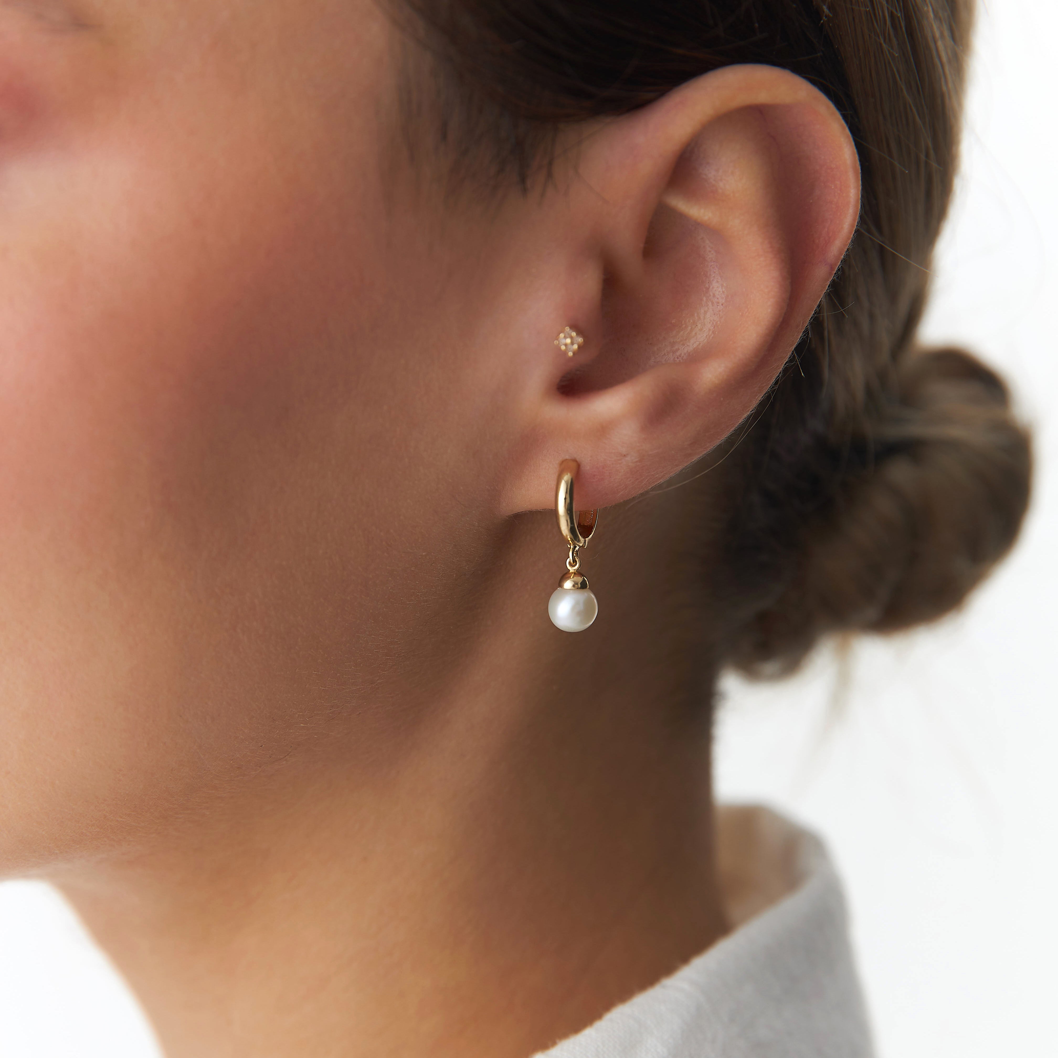 Pearl Dangle Hoops in 14K Gold