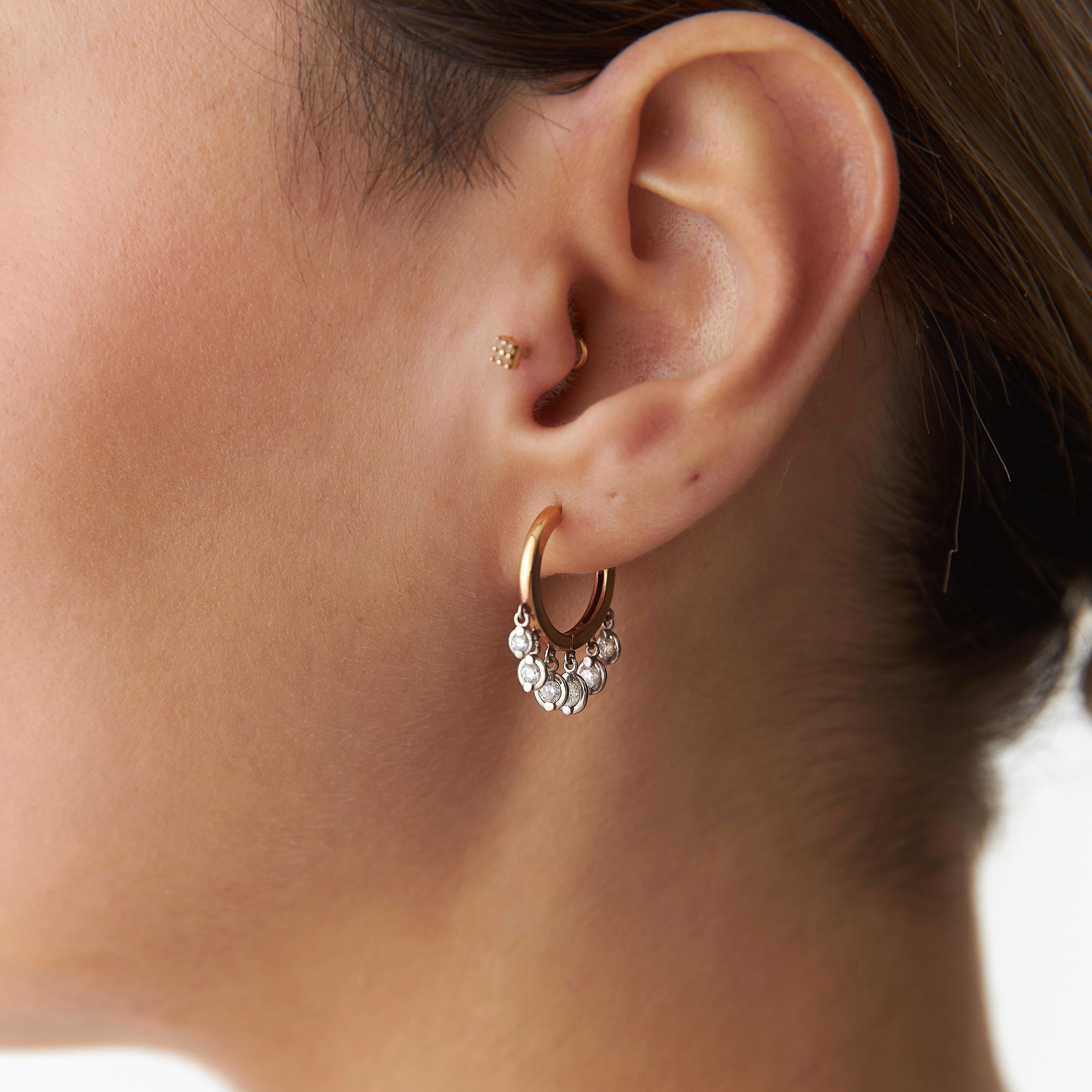 Diamond Hoop Earrings With Bezel Set Diamond Charms Available in 14K and 18K Gold