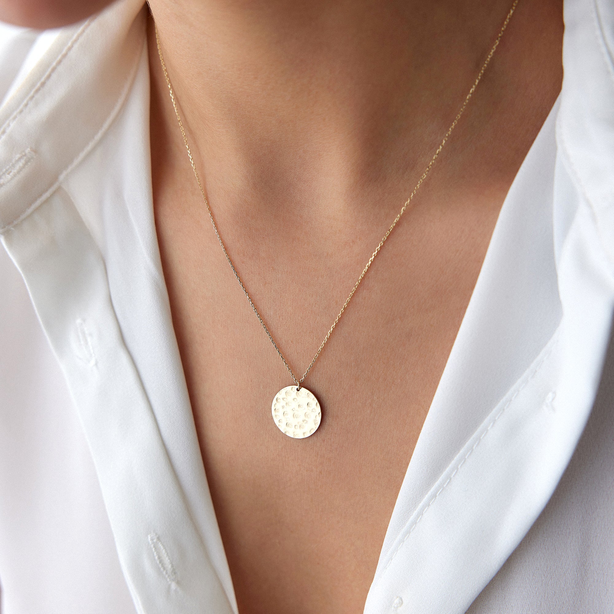 Hand Hammered Gold Disc Necklace in 14K Gold