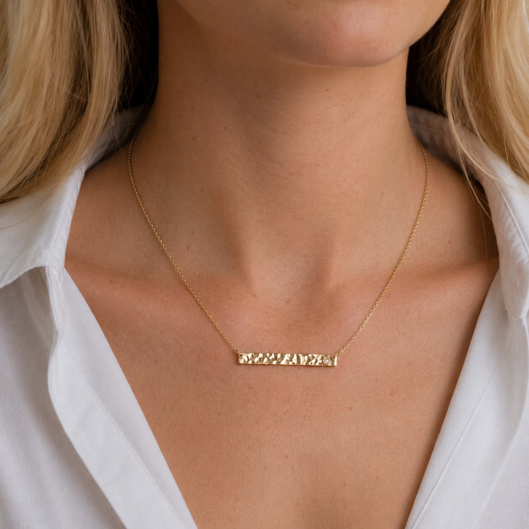 Hammered Diamond Bar Necklace in 14K Gold