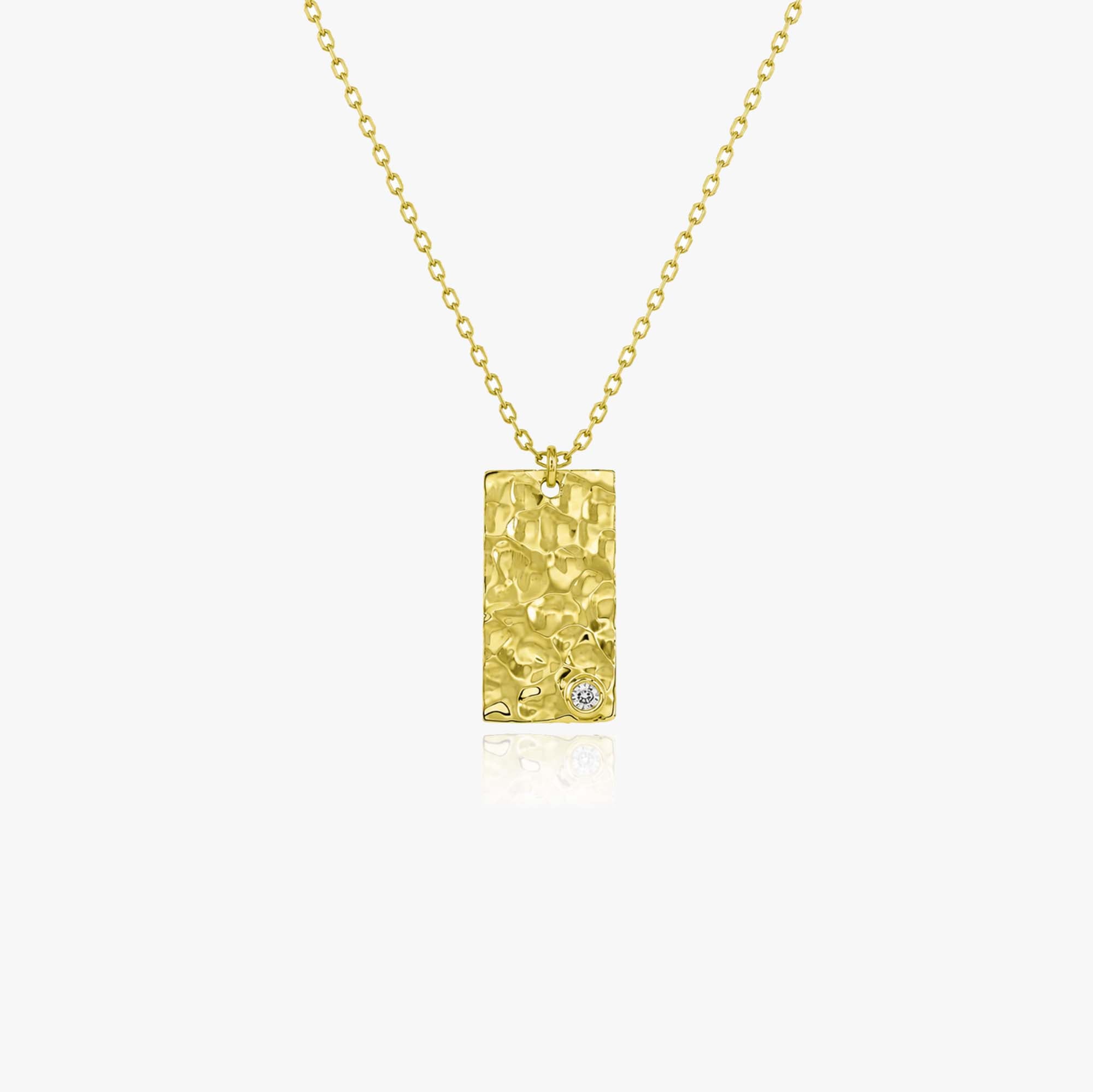 Diamond Hammered Gold Rectangle Bar Necklace in 14K Gold