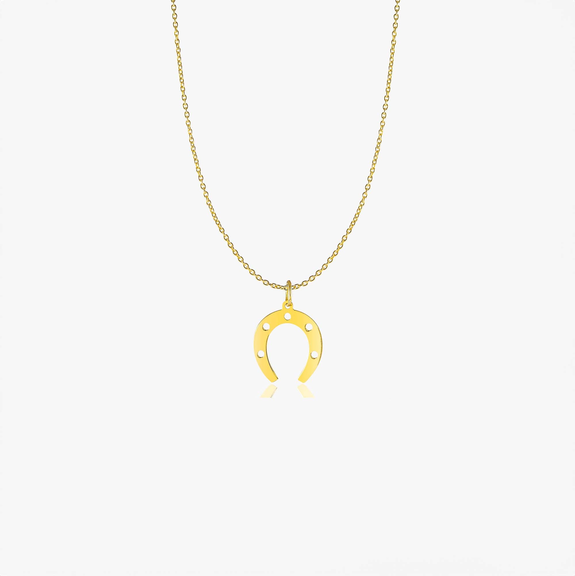 A 14K gold horseshoe necklace with a simple and elegant design, featuring a yellow gold finish and a dainty horseshoe pendant.