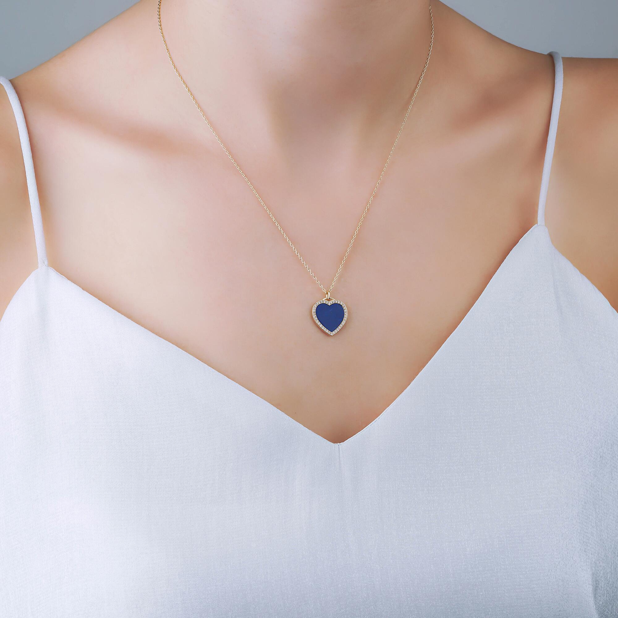 Small Lapis Lazuli and Diamond Heart Pendant Necklace