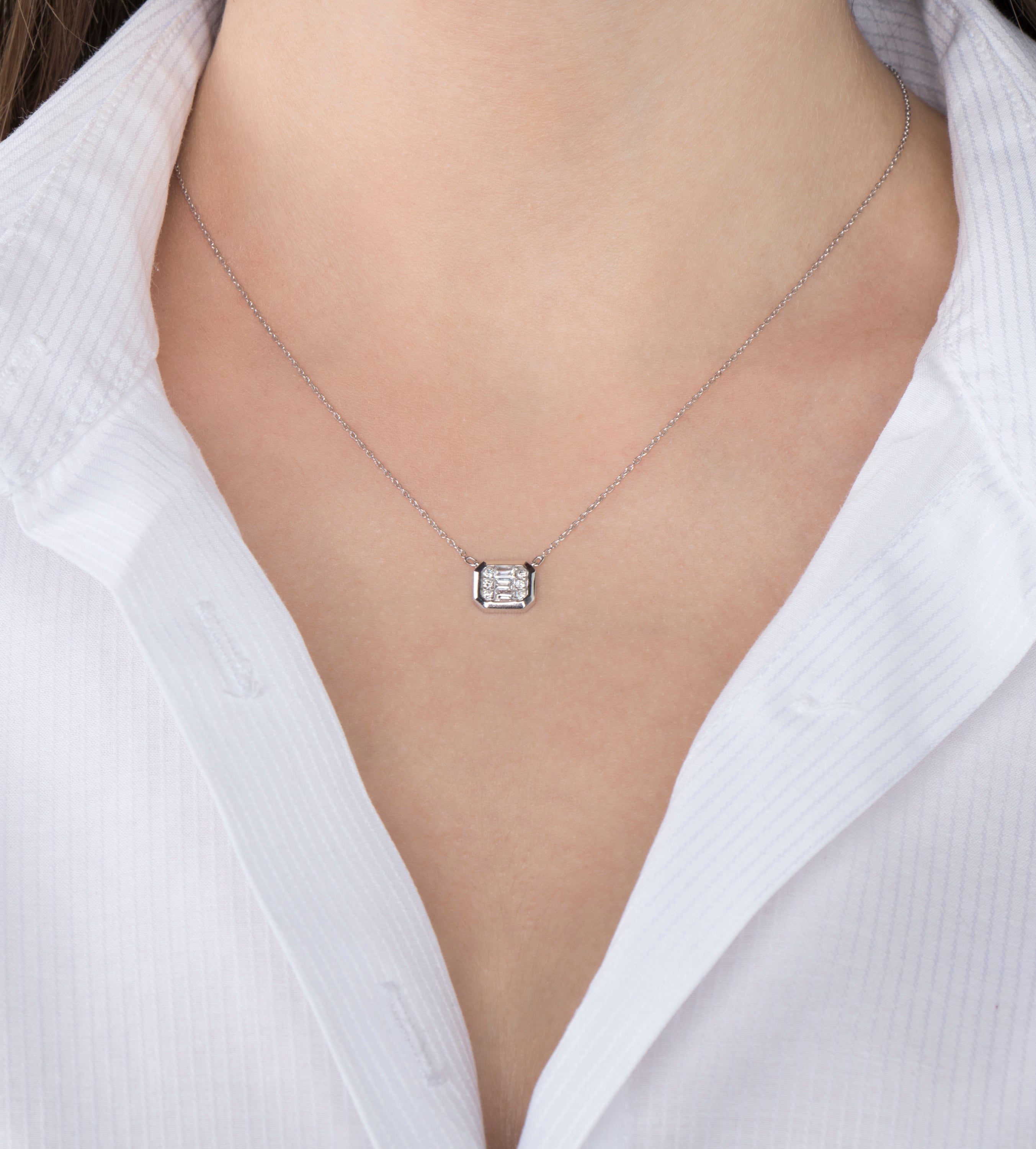 Minimal Baguette and Round Cut Diamond Necklace Available in 14K and 18K Gold