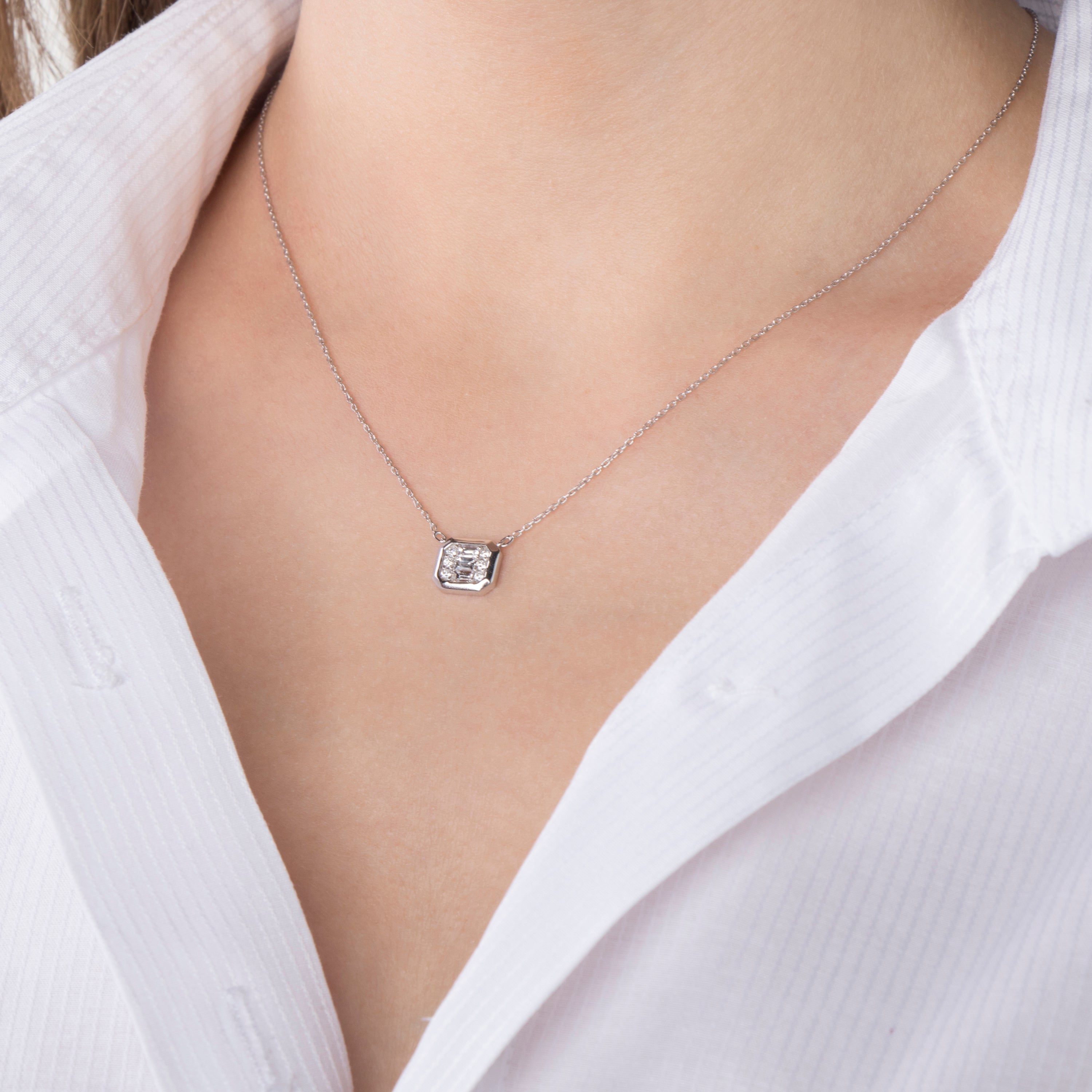 Minimal Baguette and Round Cut Diamond Necklace Available in 14K and 18K Gold