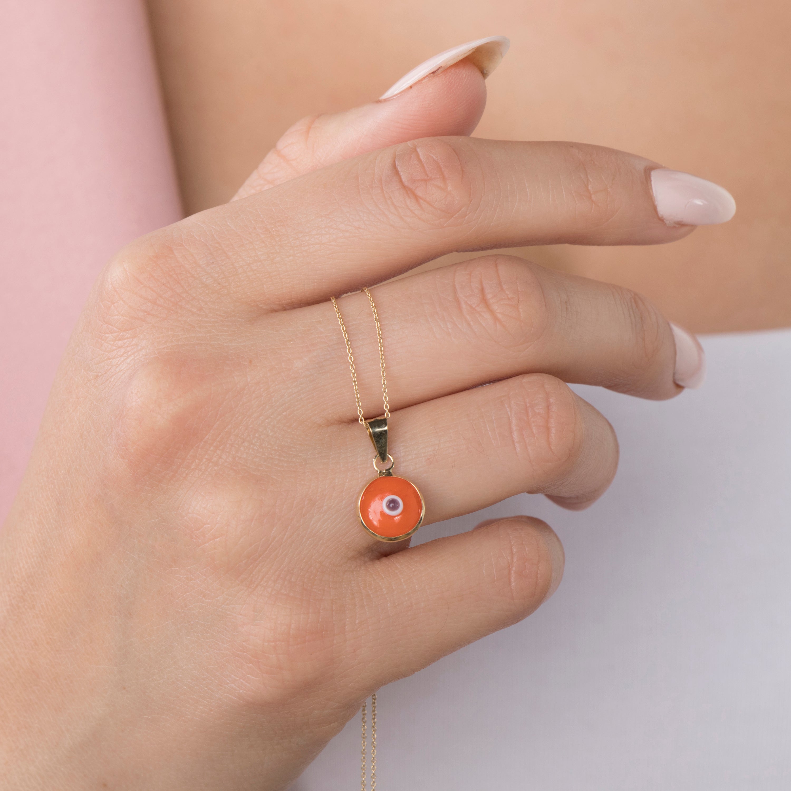 Orange Evil Eye Pendant Necklace in 14K Gold