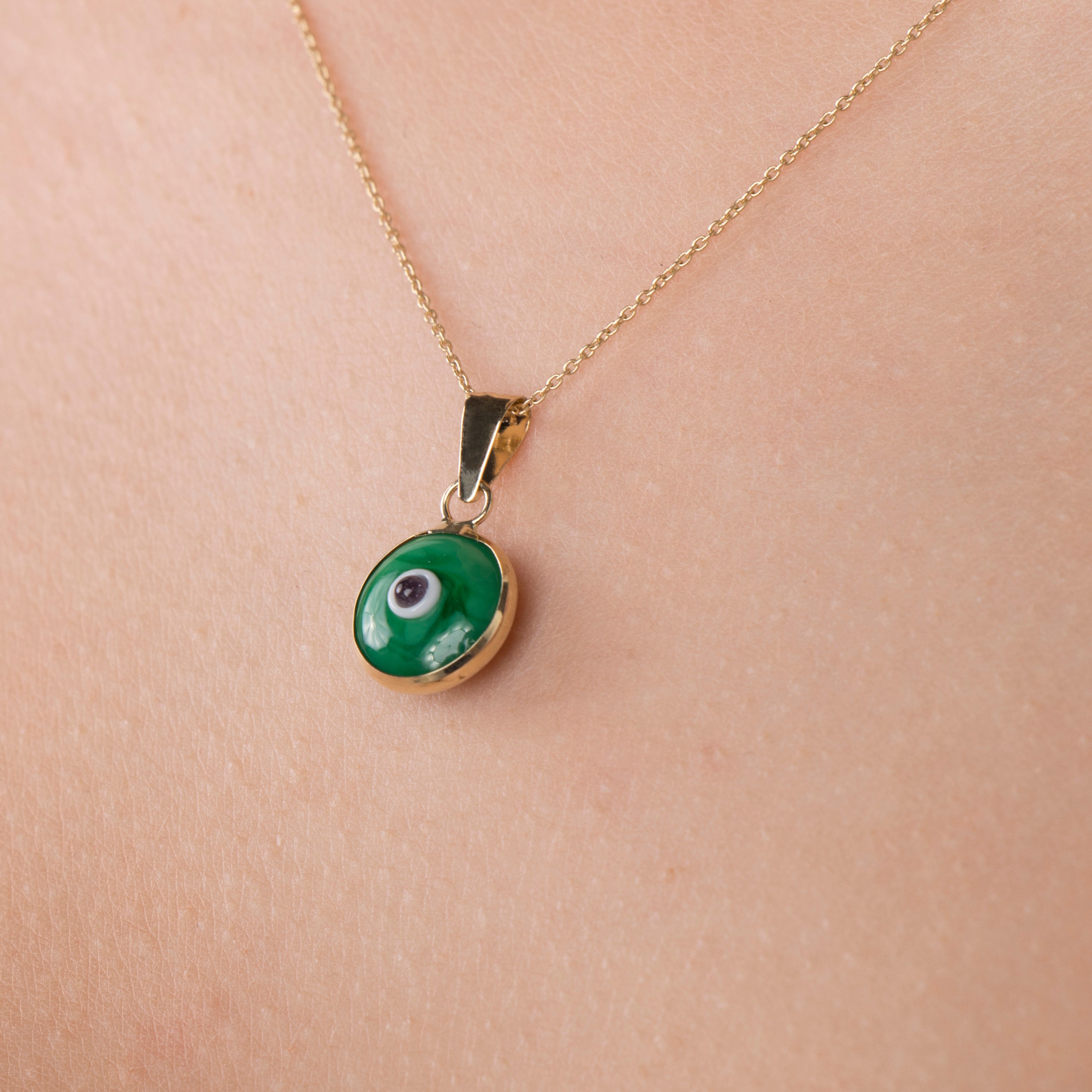 Green Evil Eye Pendant Necklace in 14K Gold