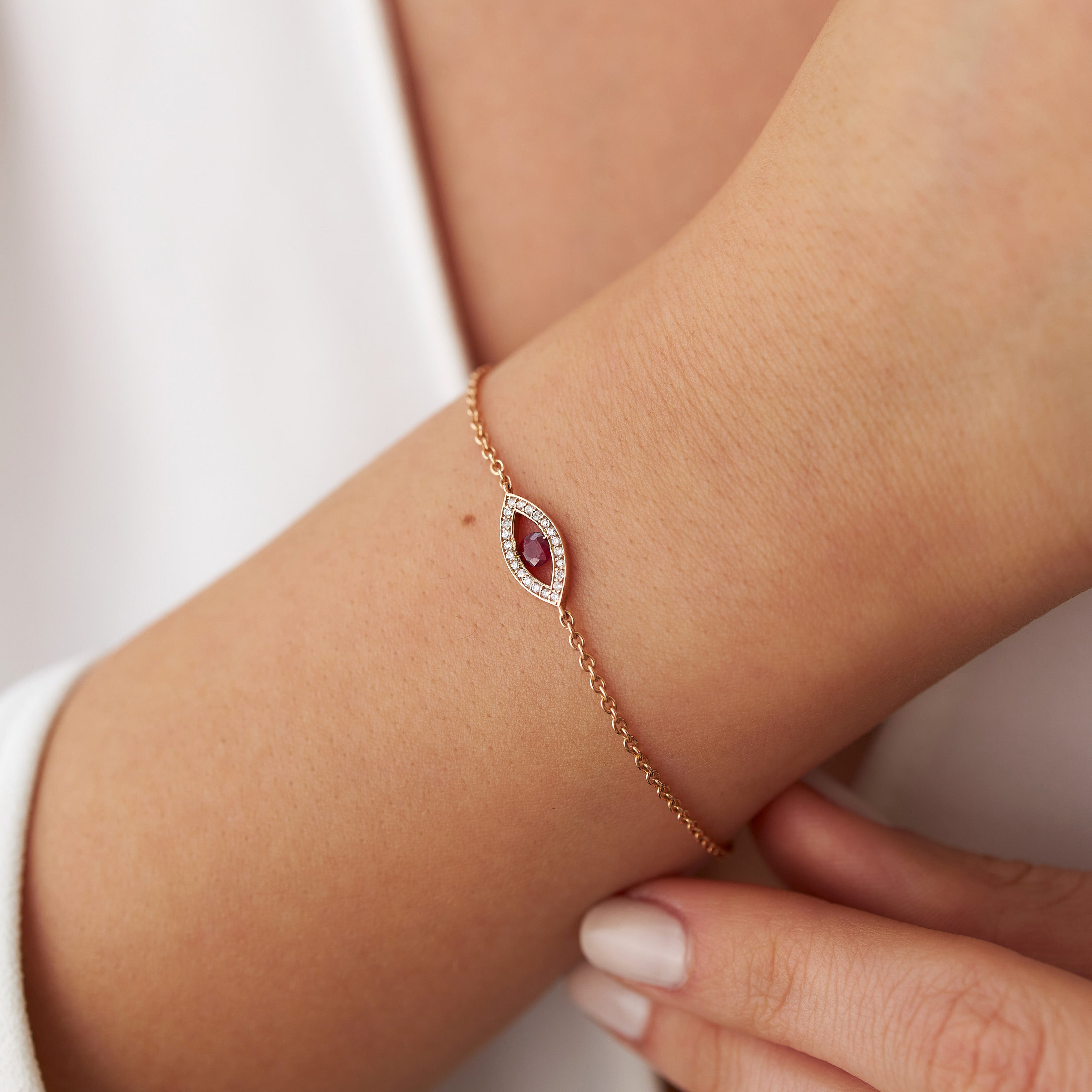 Diamond and Ruby Evil Eye Bracelet Available in 14K and 18K Gold