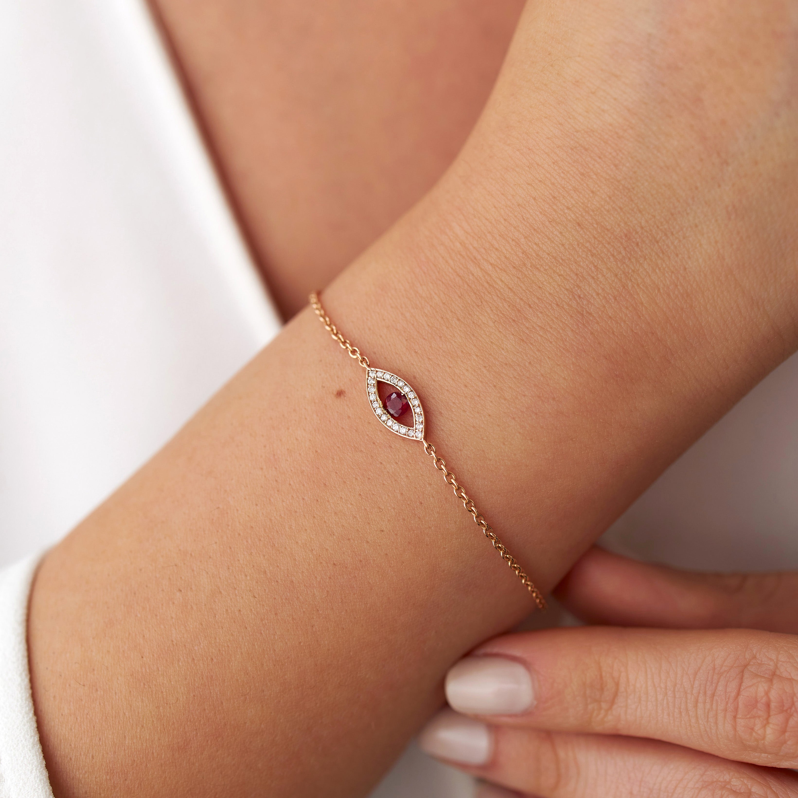 Diamond and Ruby Evil Eye Bracelet Available in 14K and 18K Gold