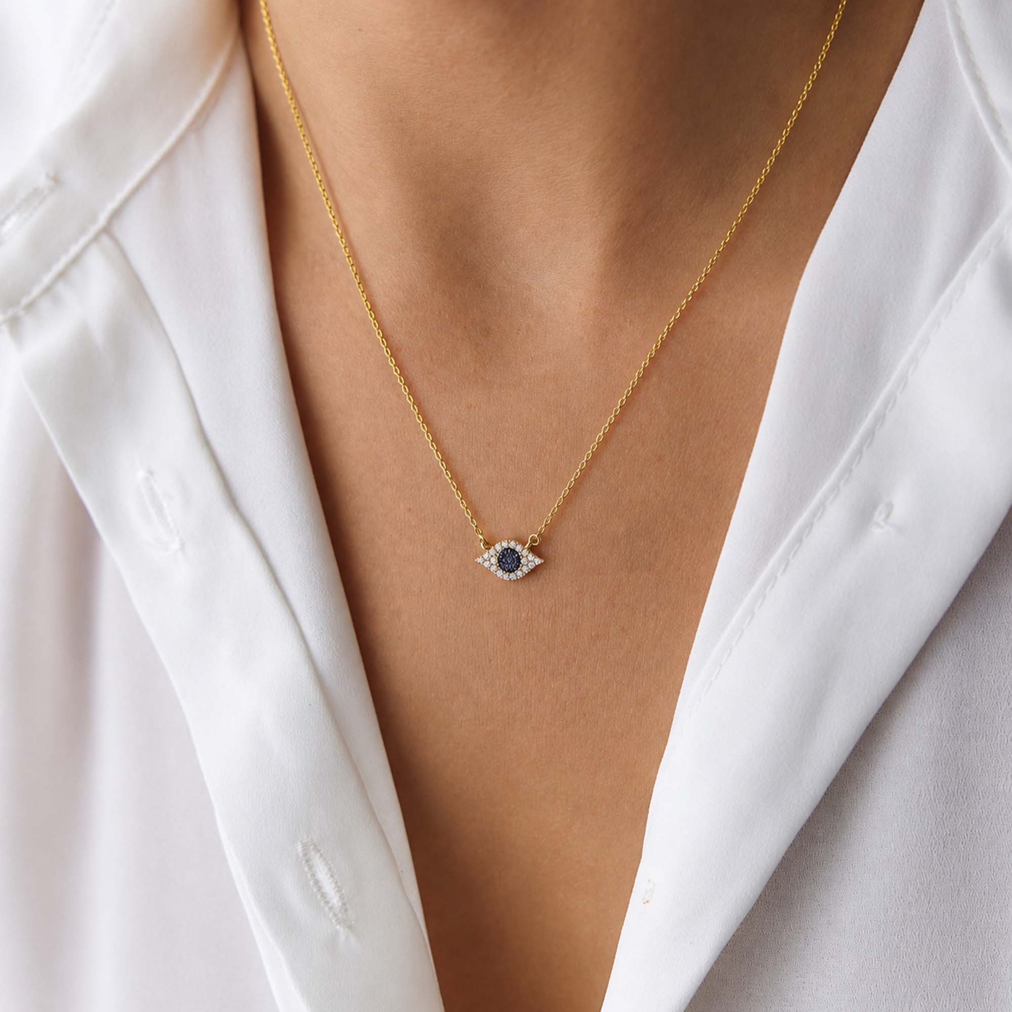 Itty Bitty Tiny Blue Sapphire and Diamond Evil Eye Necklace in 14K Gold