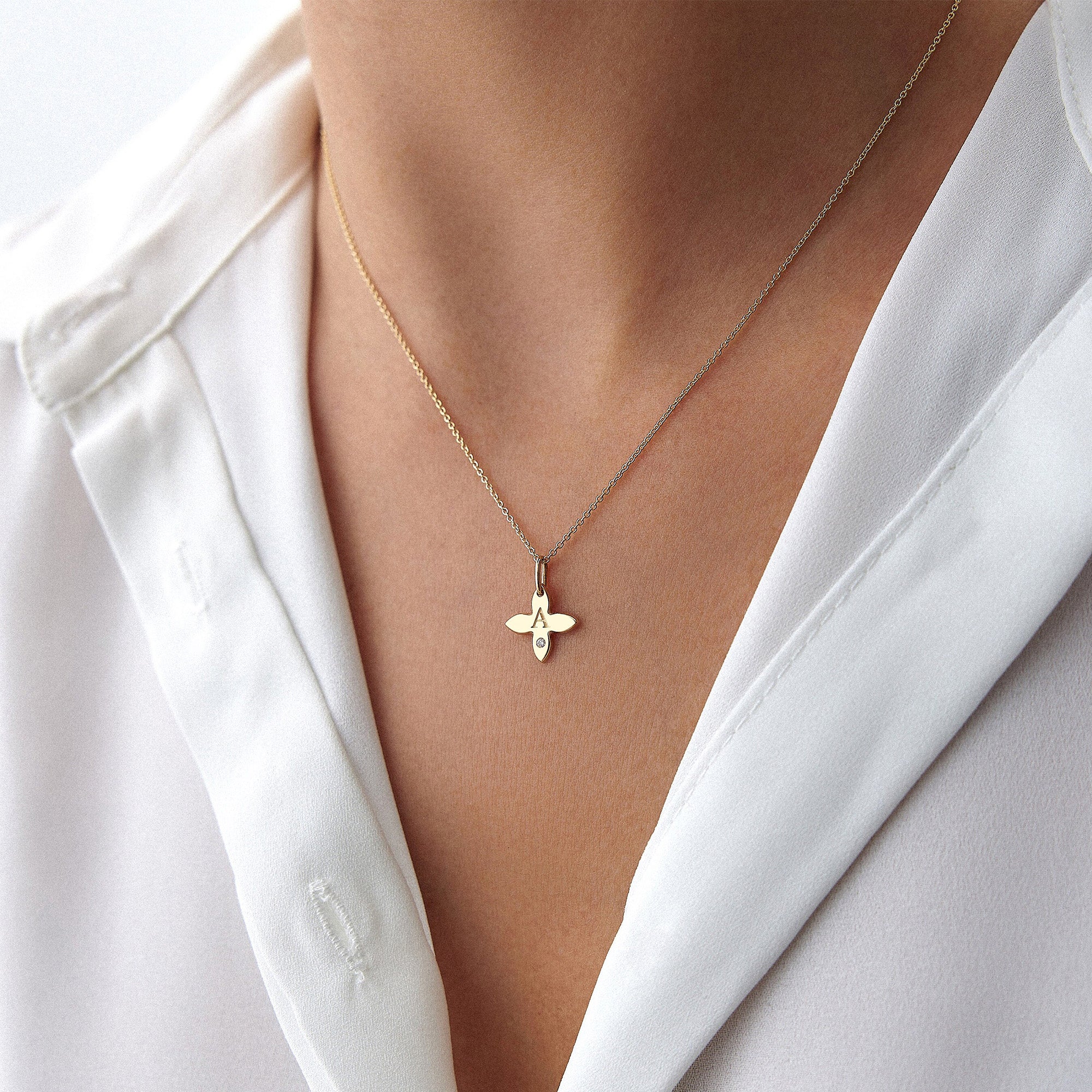 Birthstone Initial Clover Necklace in 14K Gold