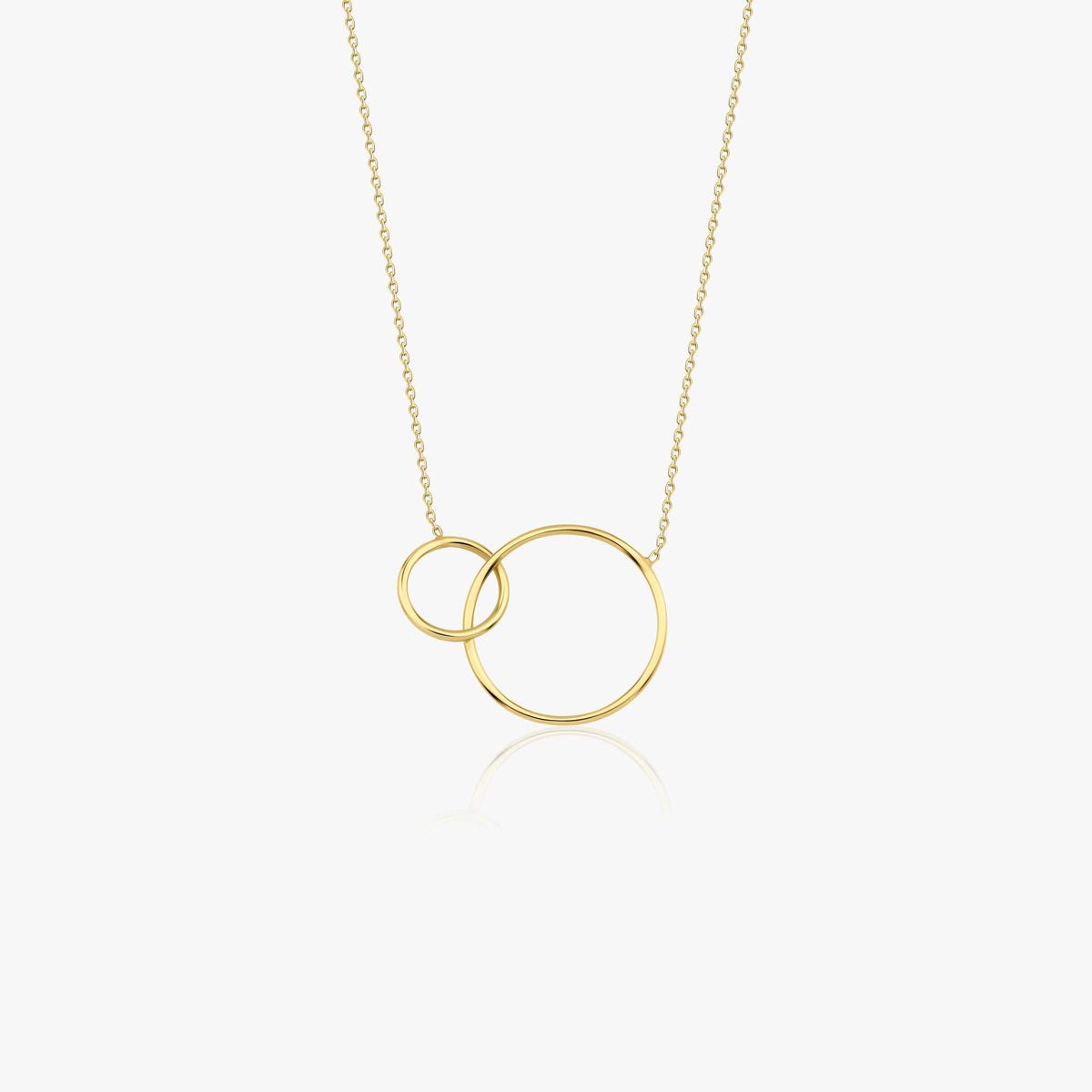 A 14k solid gold necklace featuring two interlocking circles with a larger circle diameter and a smaller circle diameter, on a white background.