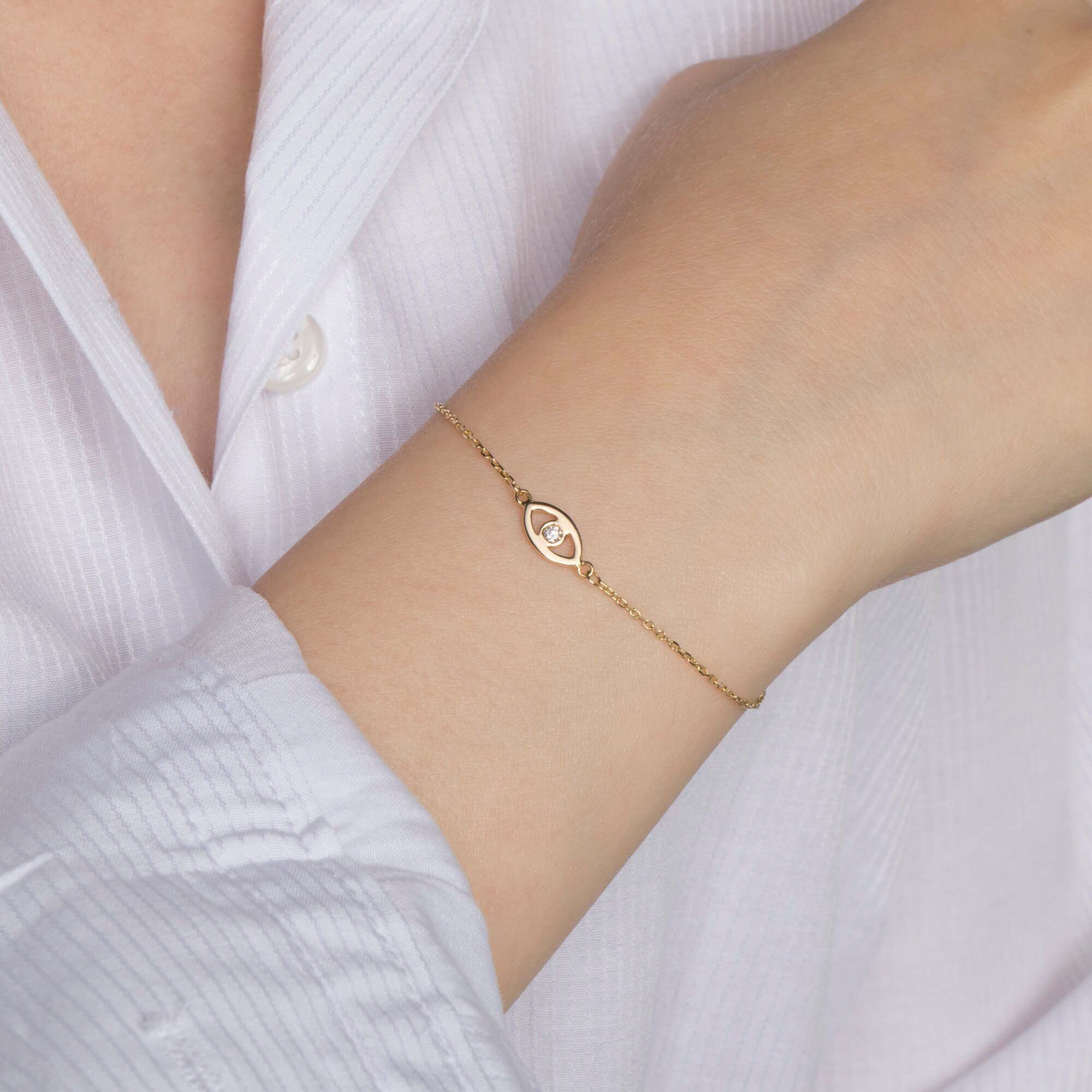 Itty Bitty Diamond Evil Eye Bracelet in 14K Gold