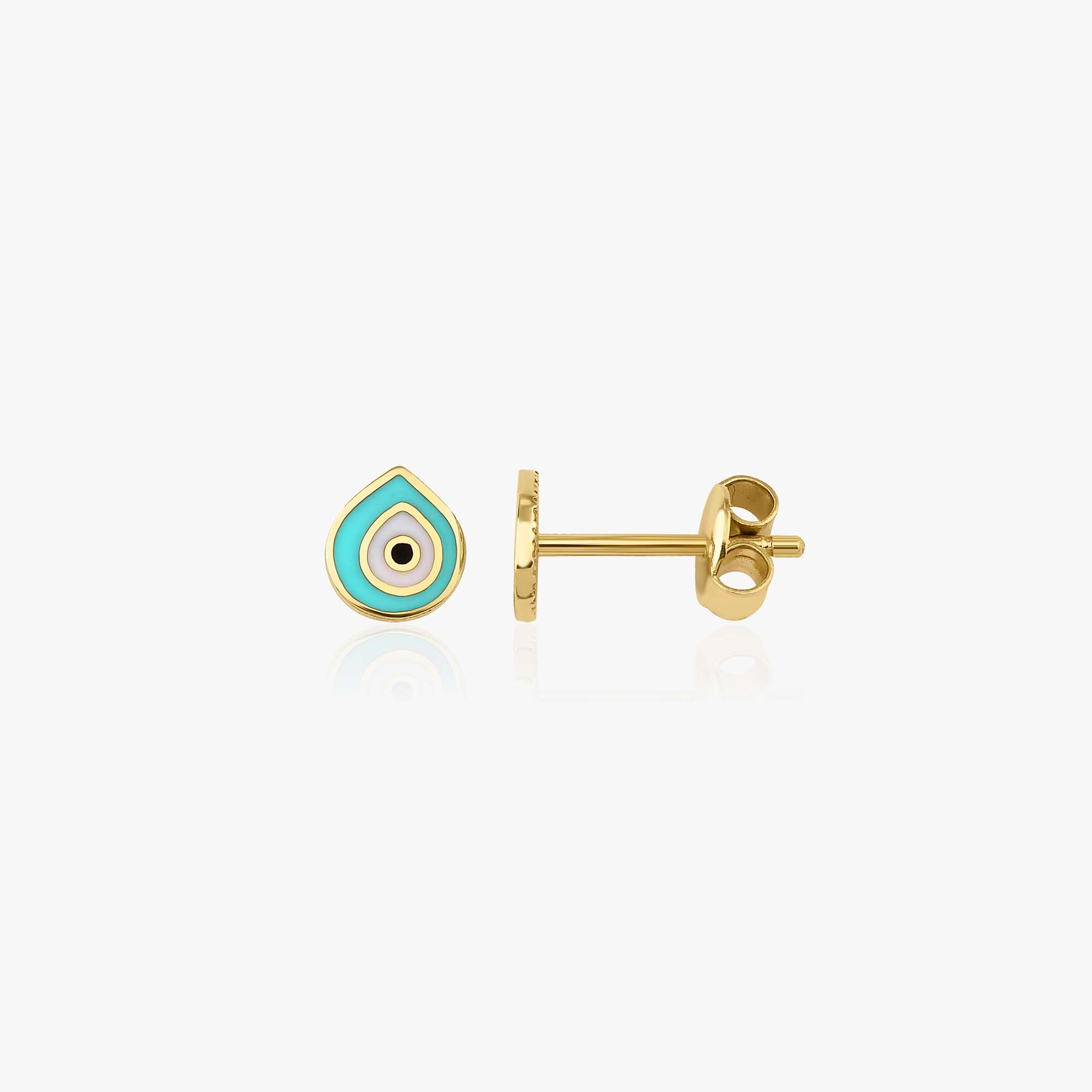 Pair of turquoise raindrop evil eye studs, one shown sideways on a white background
