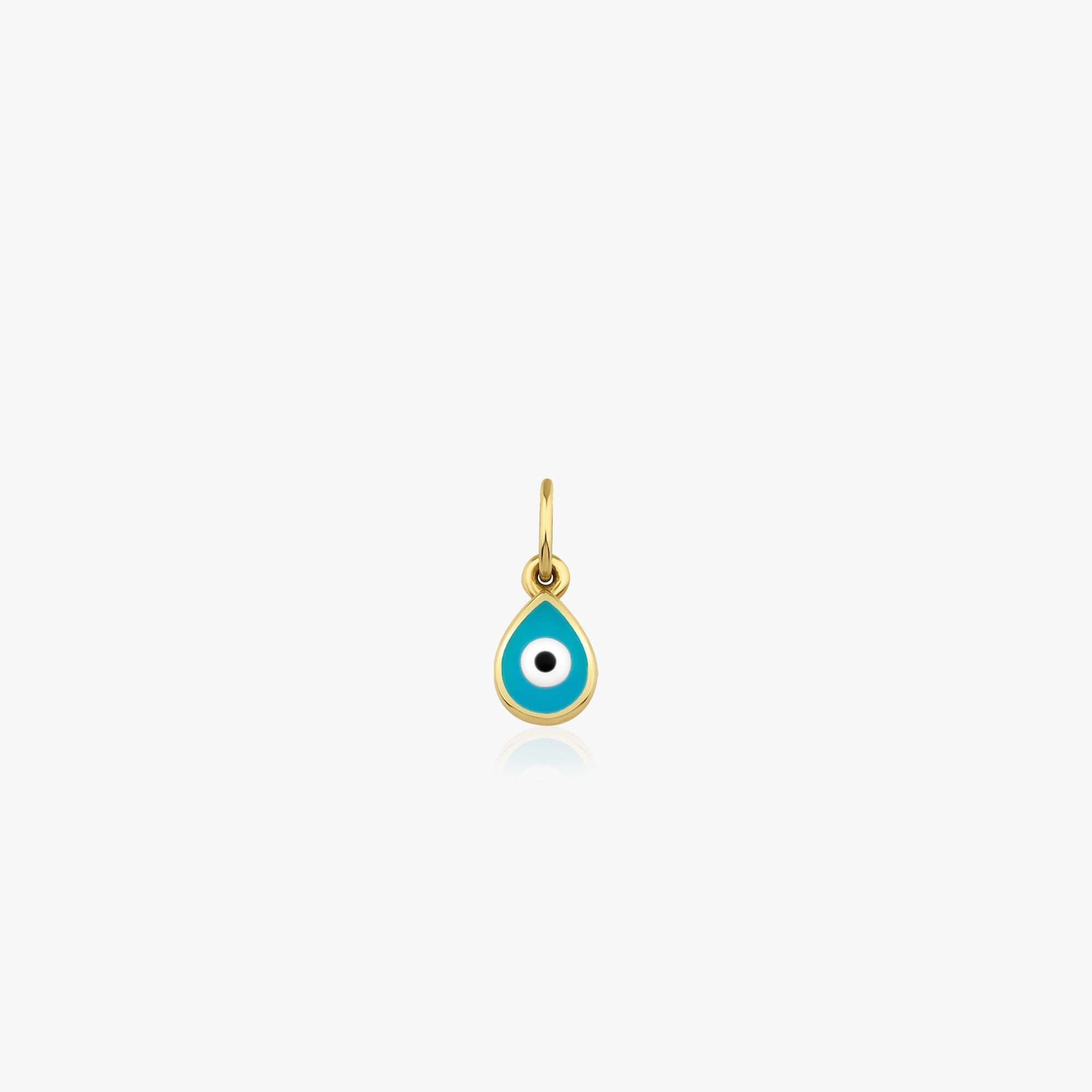 A tiny 14k yellow gold turquoise raindrop pendant with an evil eye center shown on a white background.