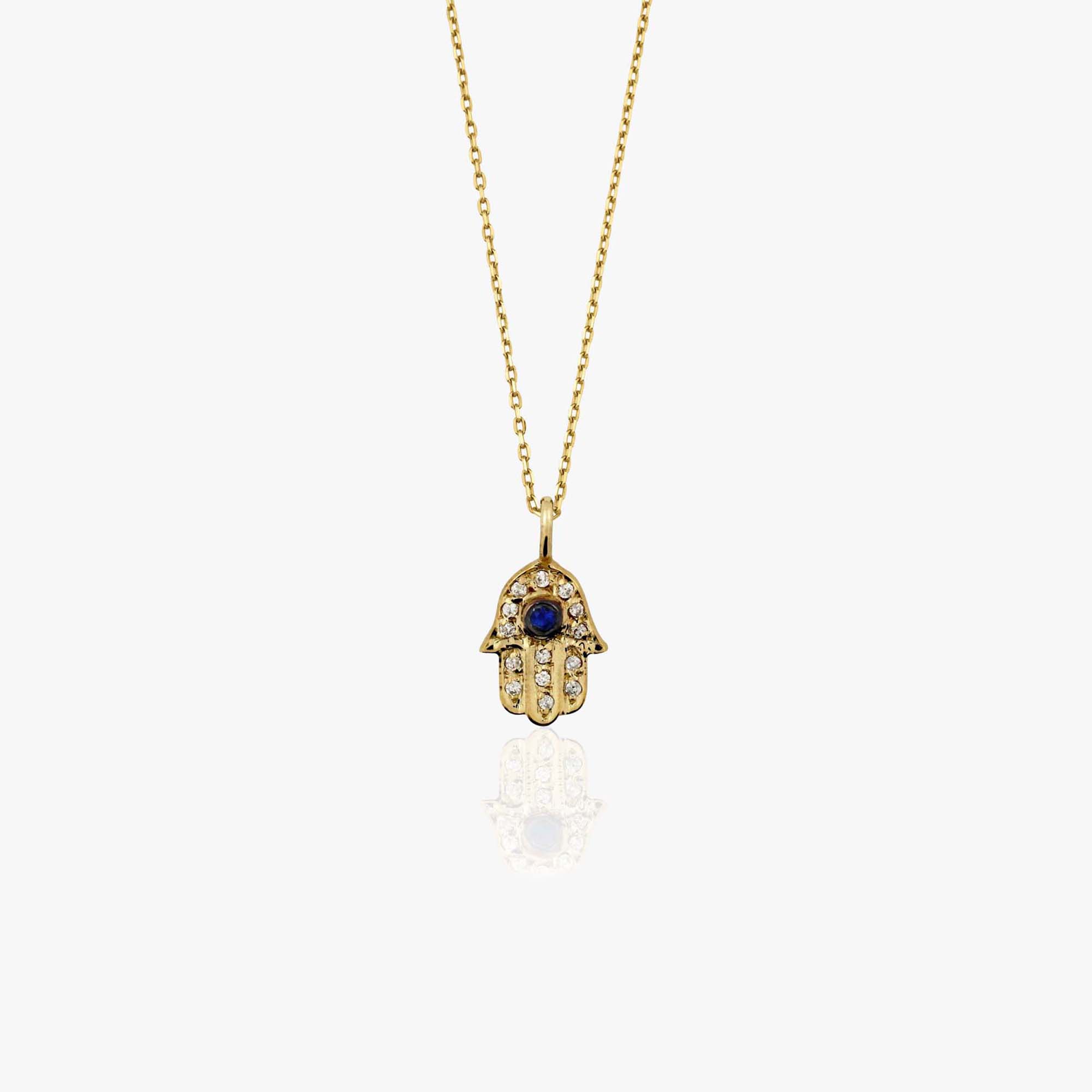 Vintage Blue Sapphire and Diamond Hamsa Necklace in 14K Gold