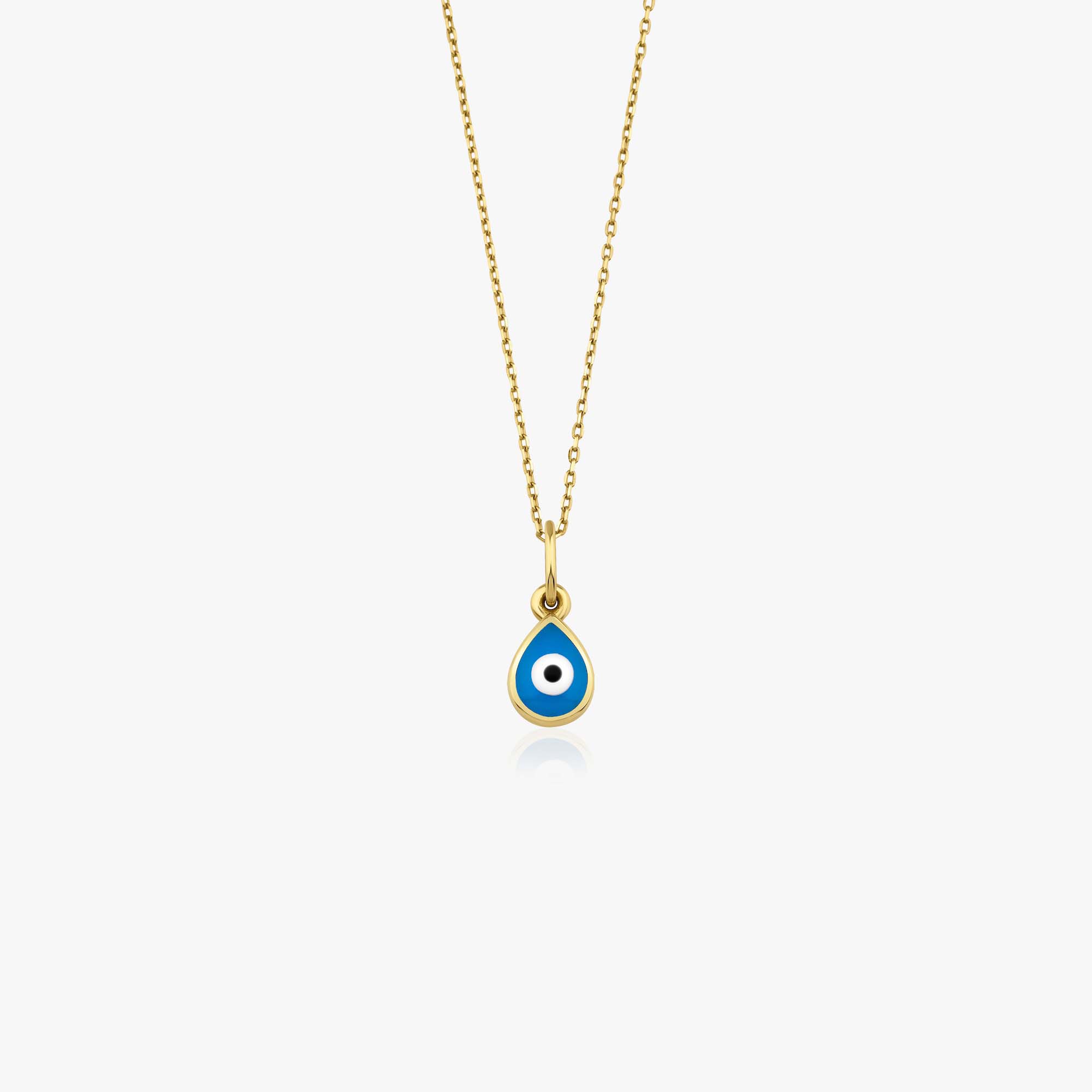 A tiny raindrop pendant necklace with a thin gold chain shown on a white background