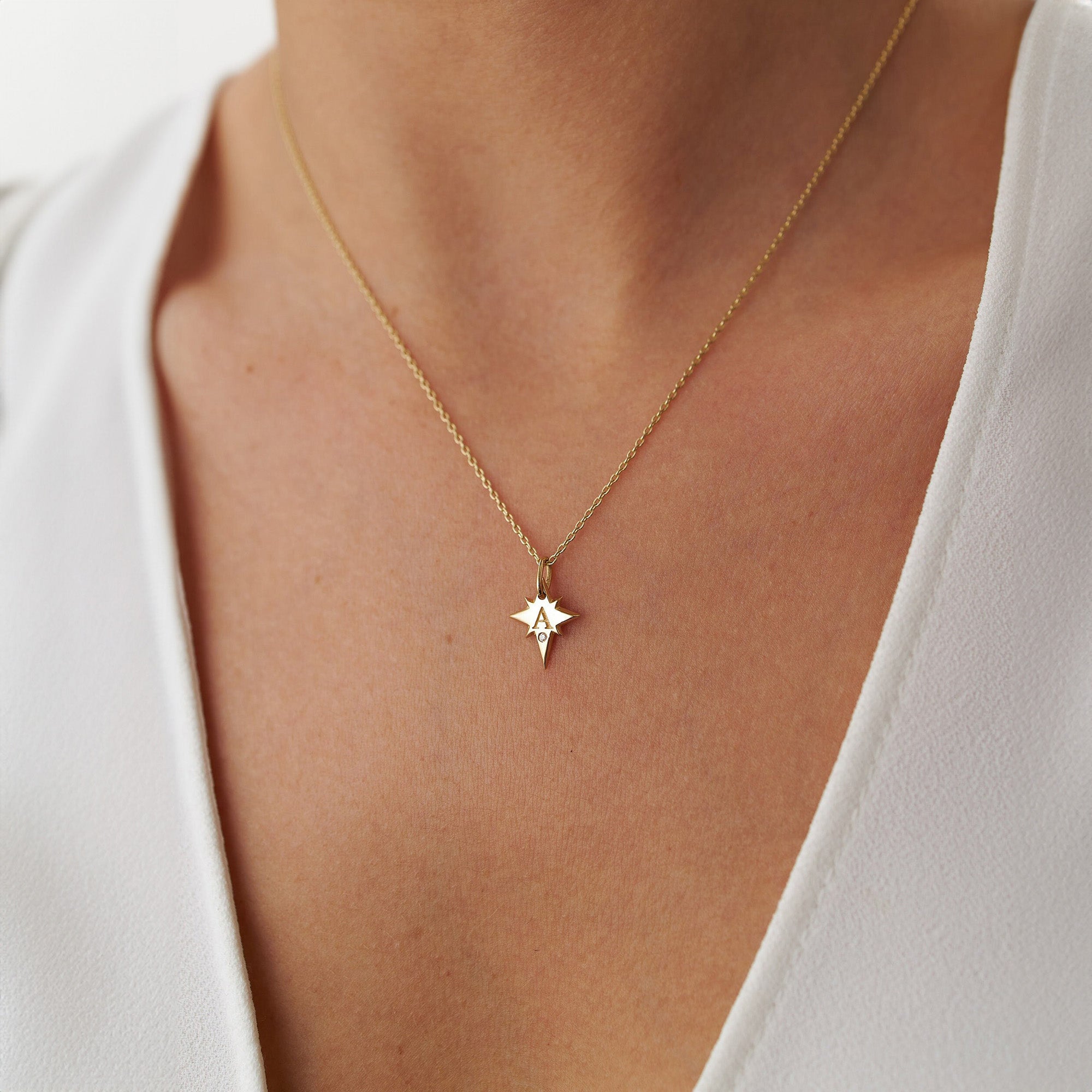 Itty Bitty Tiny Birthstone North Star Initial Pendant Necklace in 14K Gold