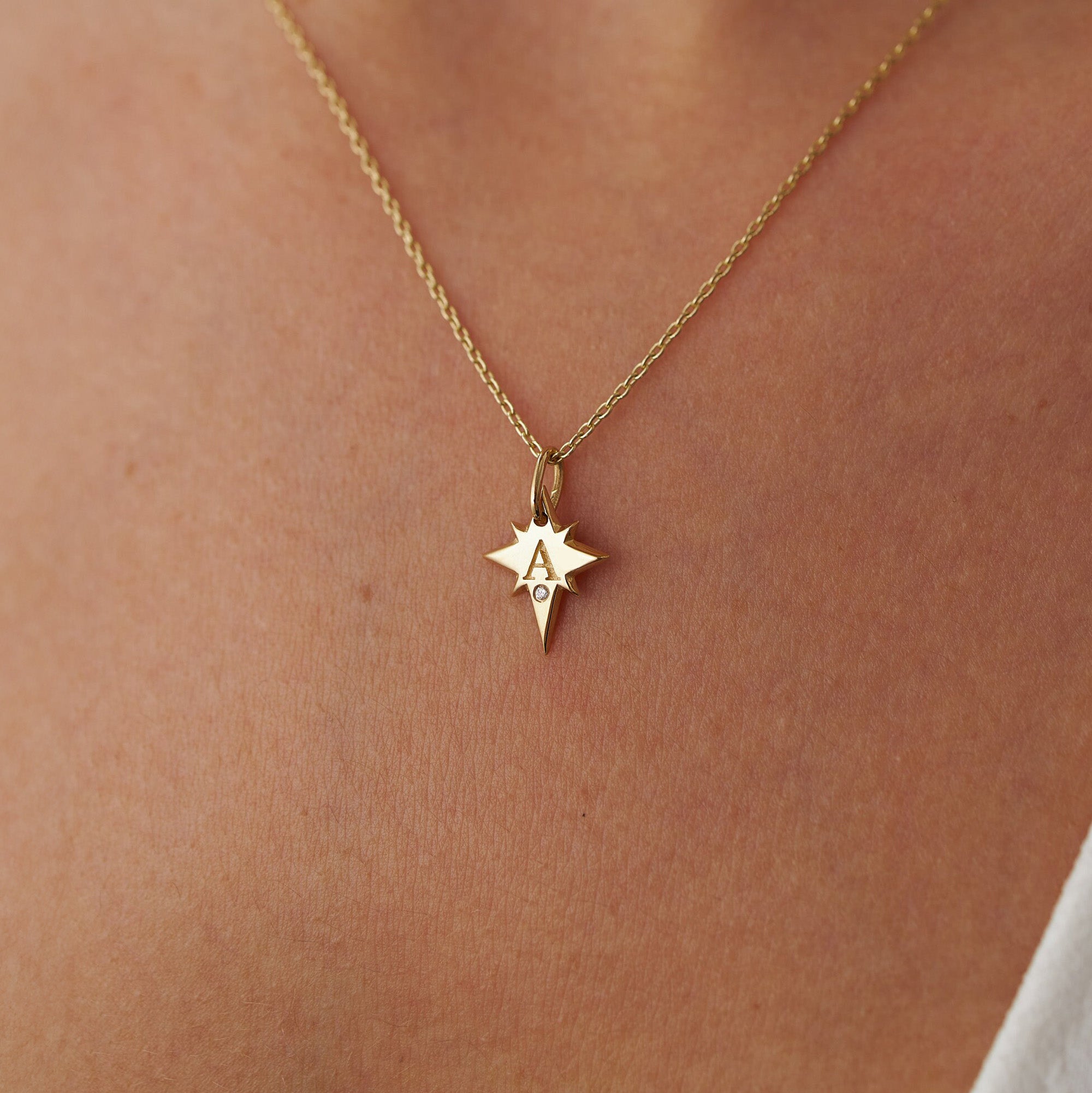 Itty Bitty Tiny Birthstone North Star Initial Pendant Necklace in 14K Gold