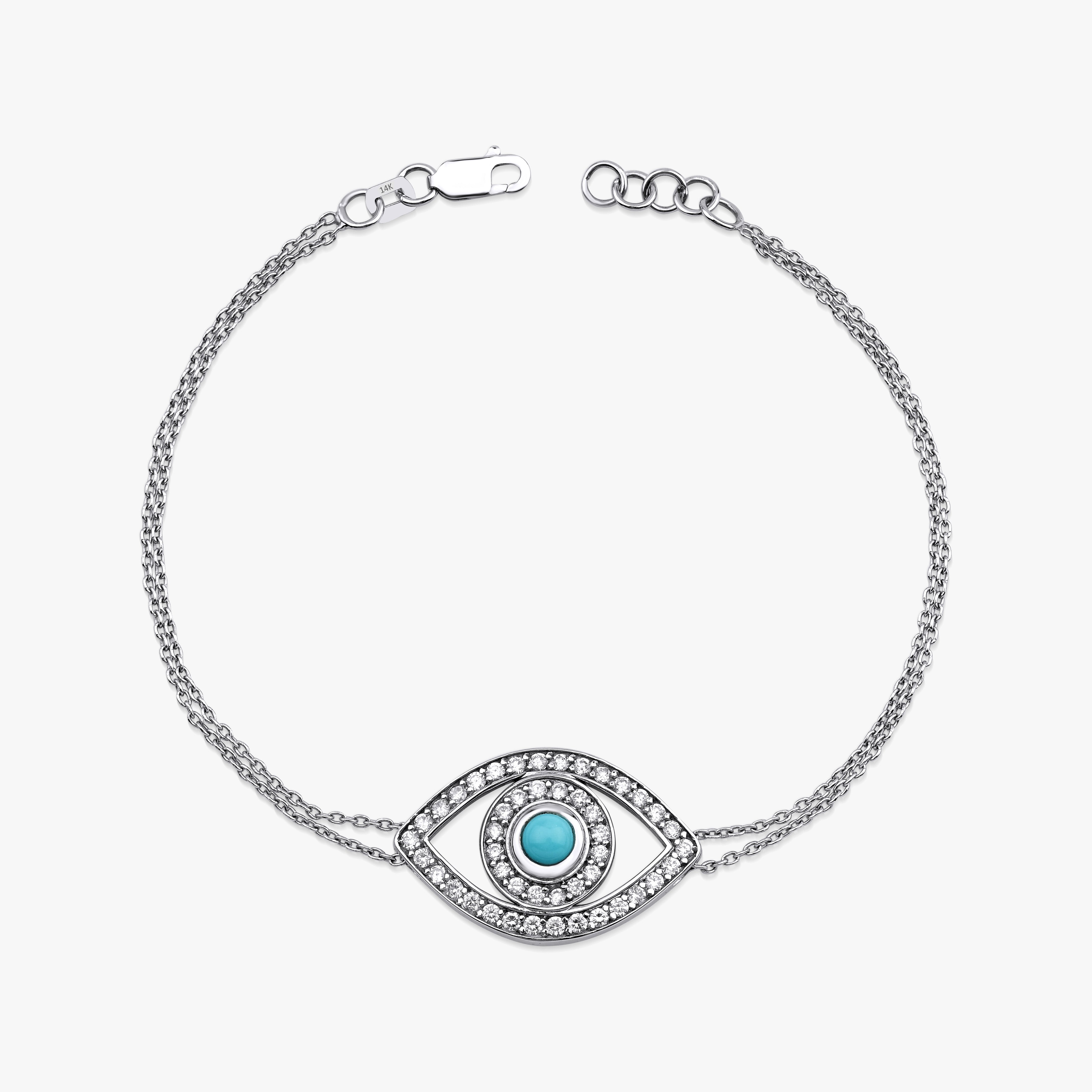 Turquoise and Diamond Evil Eye Bracelet Available in 14K and 18K Gold