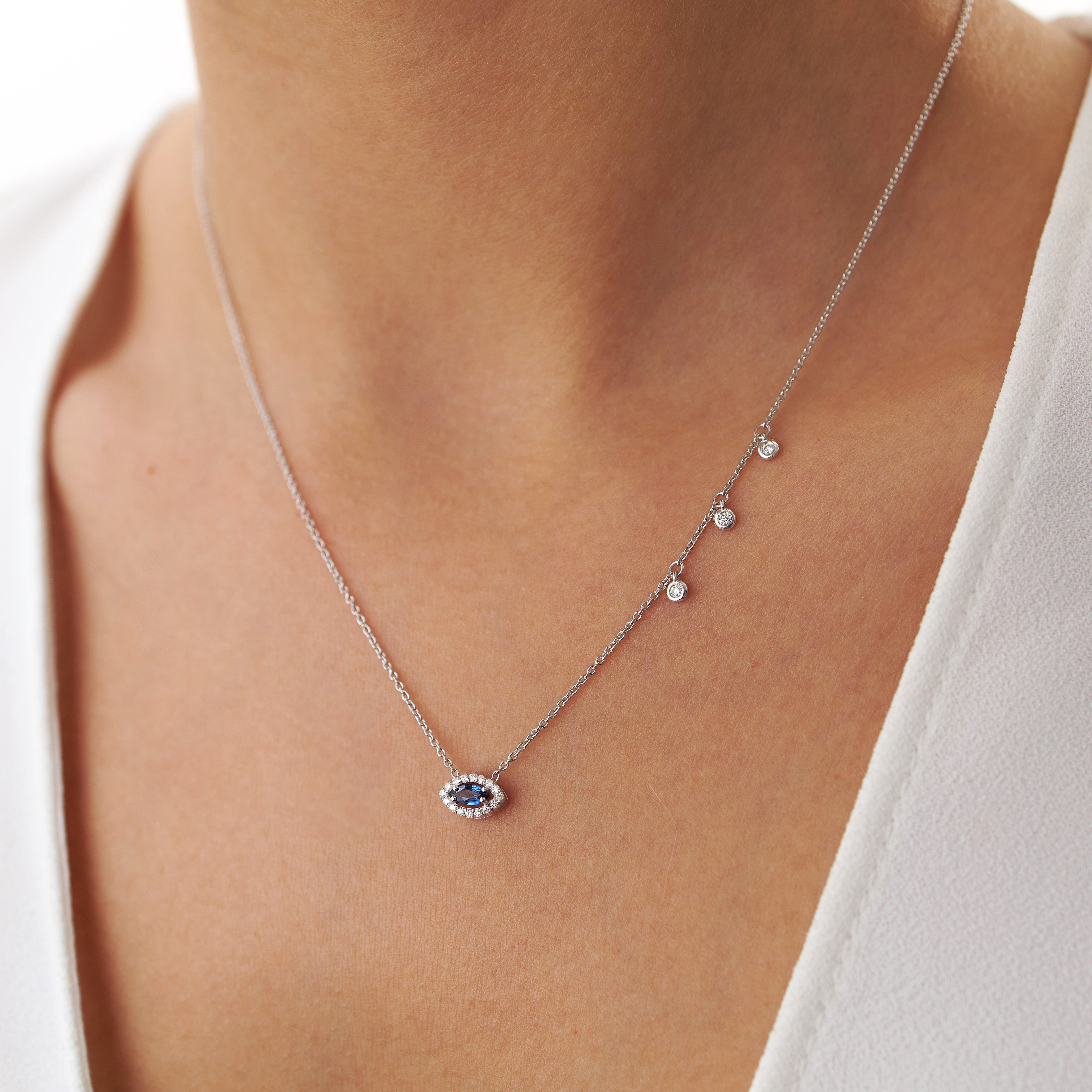 Marquise Cut Blue Sapphire and Diamond Necklace Available in 14K and 18K Gold