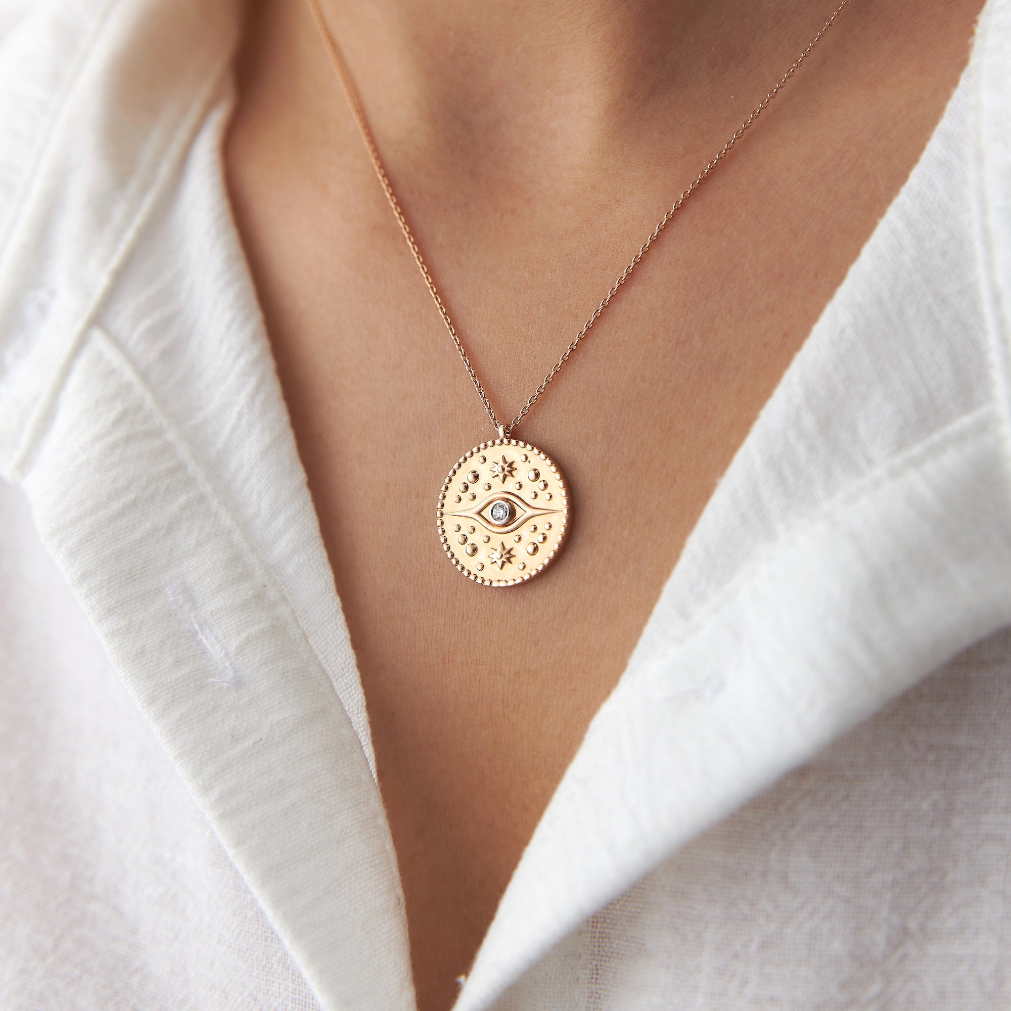 Diamond Medallion Coin Necklace Available in 14K and 18K Gold