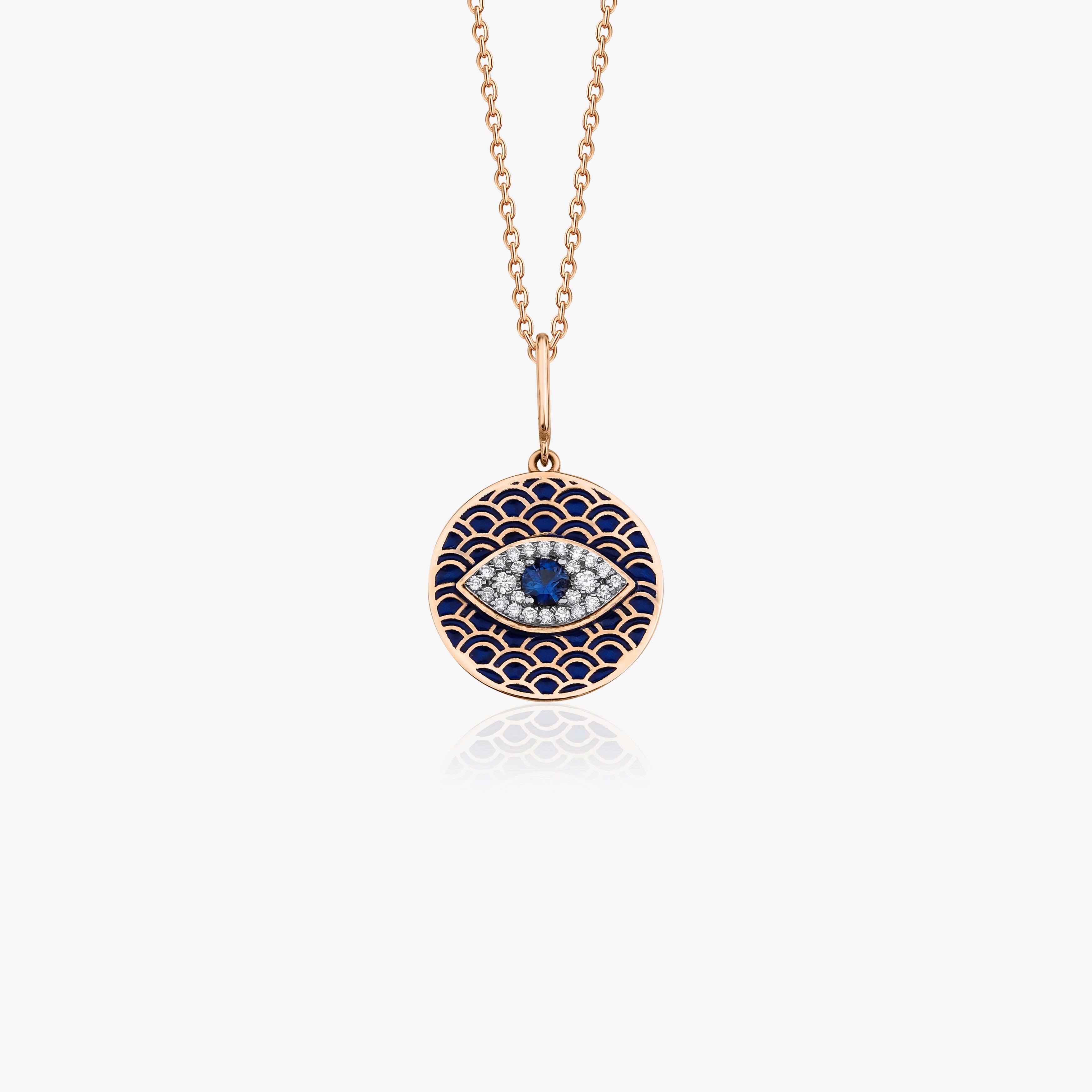 Blue Sapphire and Diamond Evil Eye Protection Pendant Necklace in 14K Gold