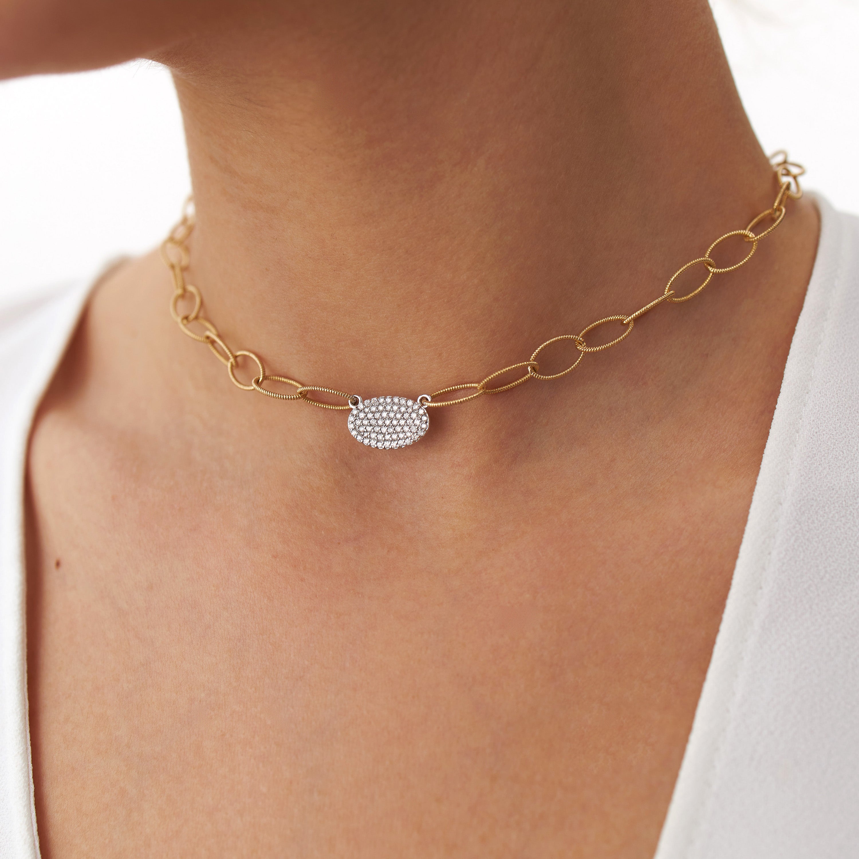 Modern Oval Chain Pave Set Diamond Necklace in 14K Gold