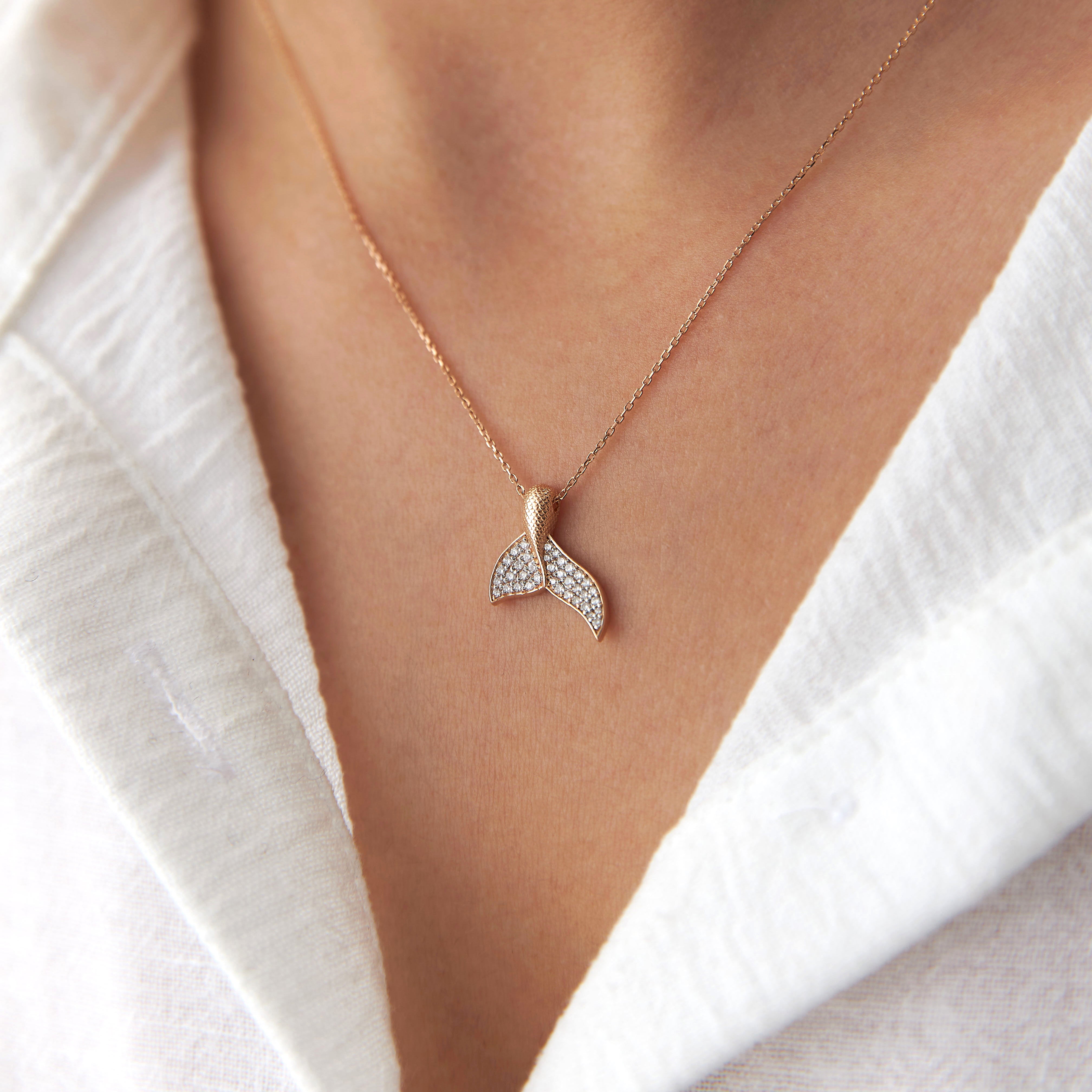 Diamond Whale Tail Necklace in 14K Gold