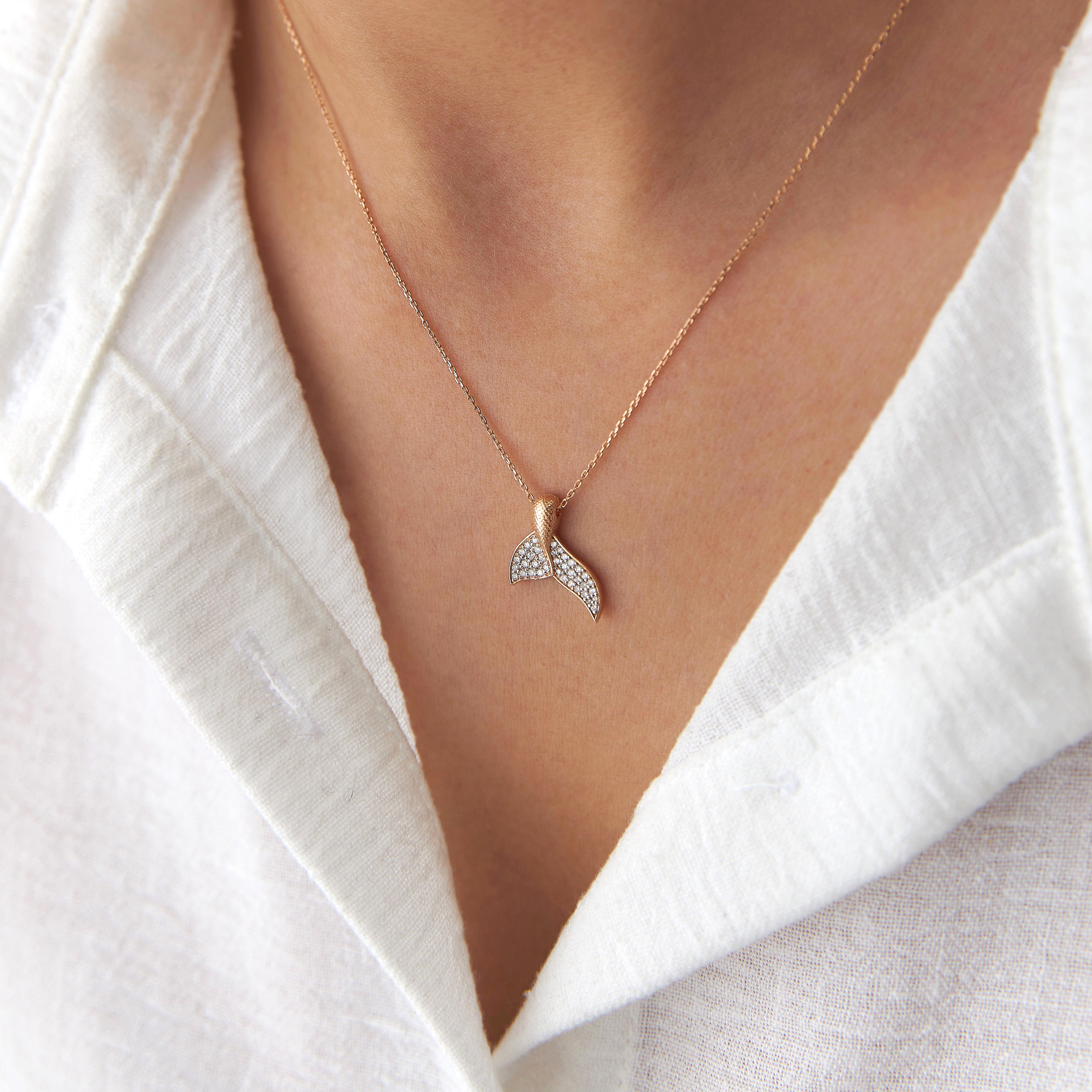 Diamond Whale Tail Necklace in 14K Gold