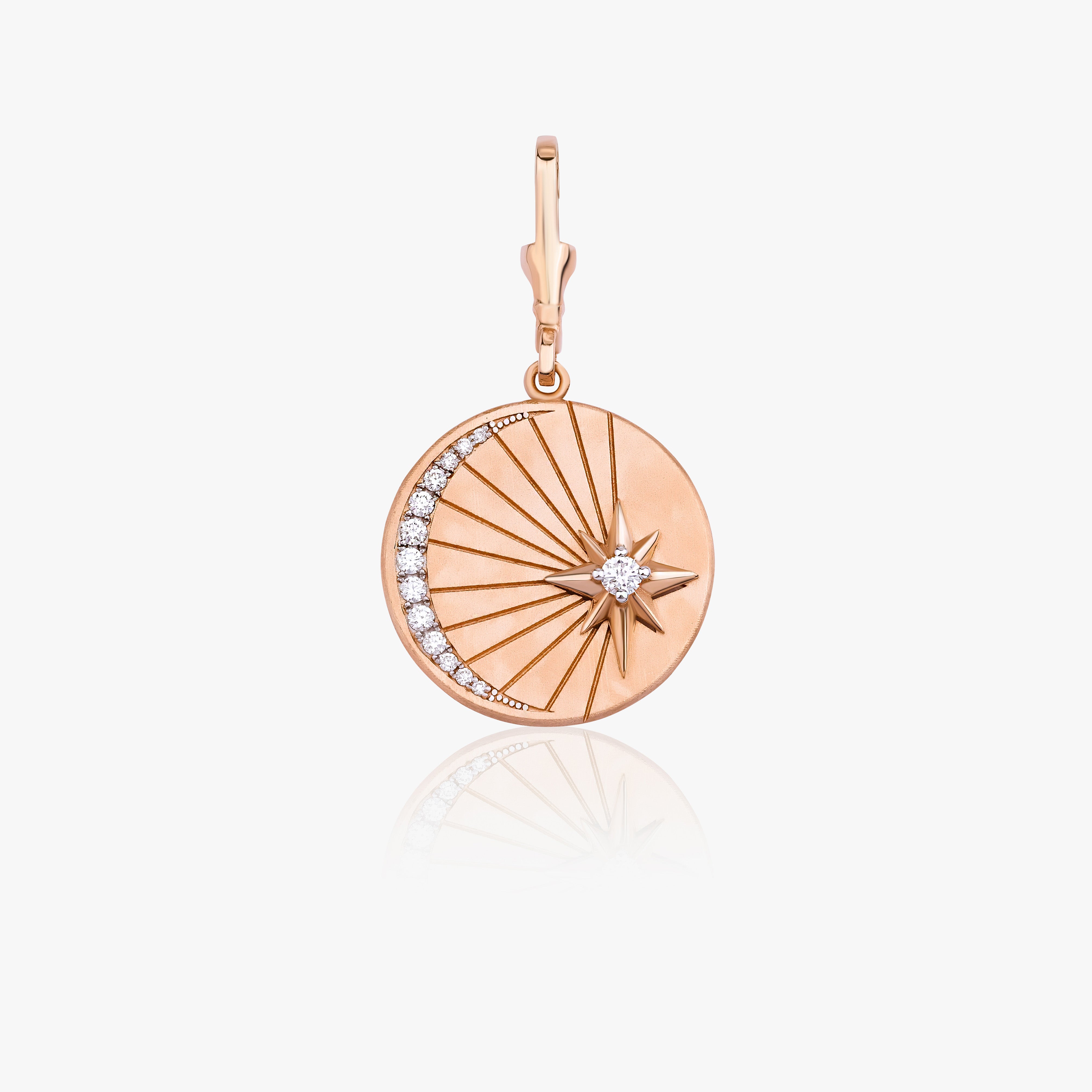 Diamond Crescent Moon and North Star Medallion Pendant Available in 14K and 18K Gold