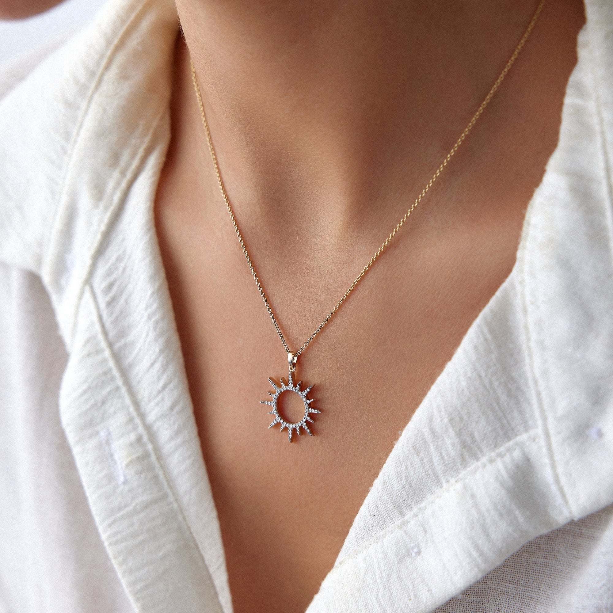 Diamond Sun Pendant Necklace Available in 14K Gold and 18K Gold