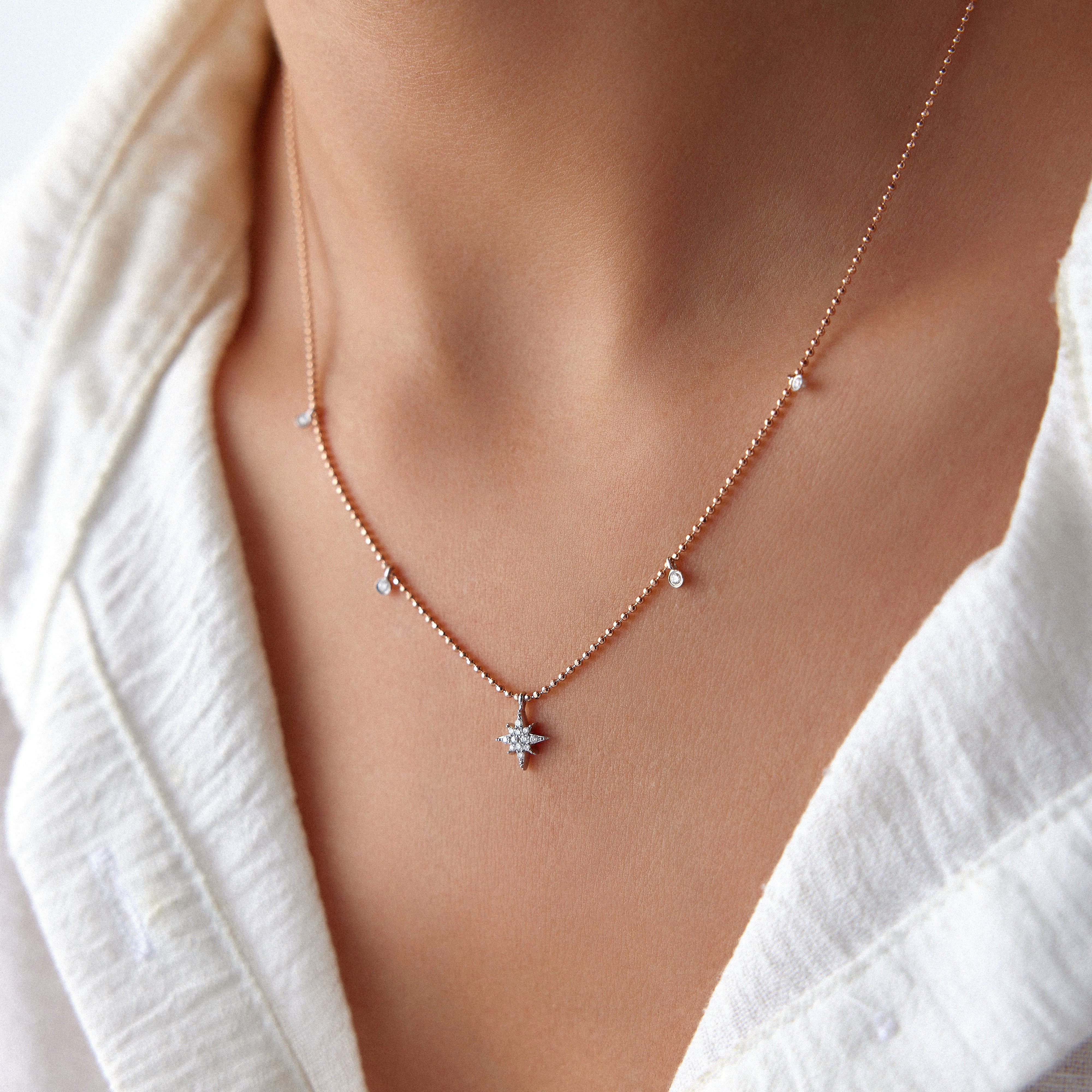 Ball Chain Diamond North Star Station Necklace