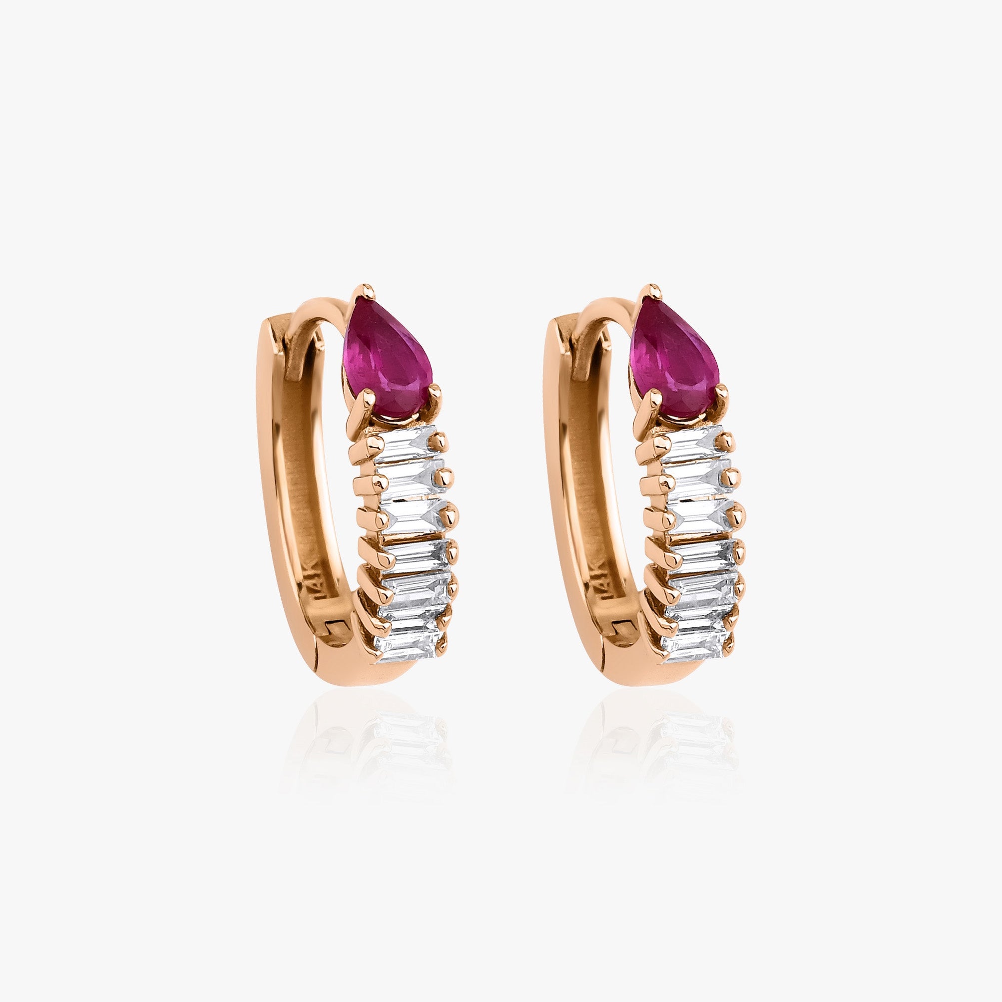 Baguette Cut Ruby and Diamond Hoop Earrings Available in 14K and 18K Gold
