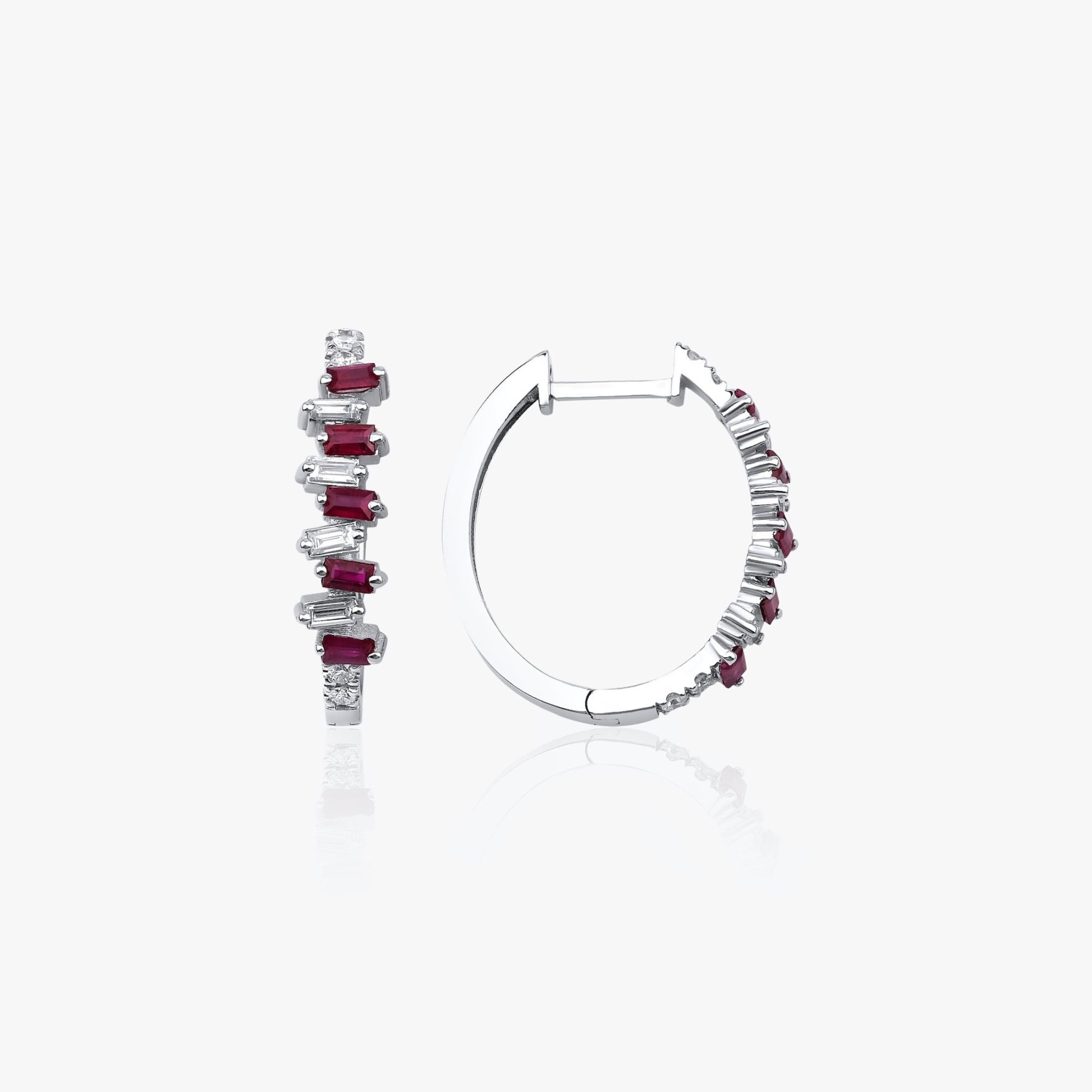 Baguette Cut Ruby and Diamond Hoop Earrings Available in 14K and 18K Gold
